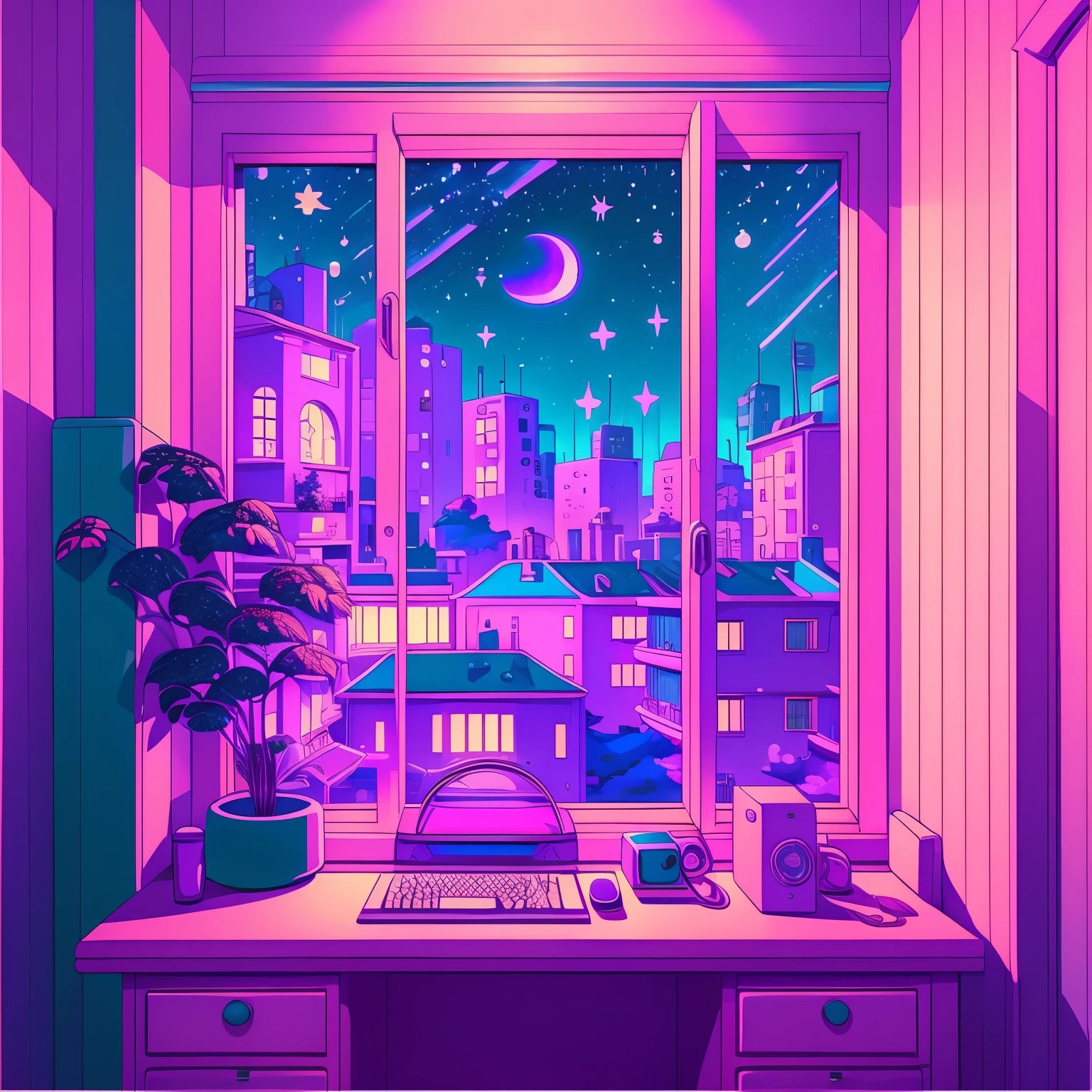 This is a (((lofi anime art print))) of a dreamy and soft y2k bedroom. The bedroom is cozy and nostalgic. ((The lofi and y2k aesthetic are important.)) Include a cluttered desk and bookcase filled with vintage charm. Include a retro computer on the desk. ((There are no people in this image.)) A prominent window in the serene bedroom overlooks a simple pastel city twinkling with stars and a mesmerizing meteor shower. Bathe this artwork in pastel purples, blues, and pinks, creating a dreamy, whimsical, and soft atmosphere. Peaceful mood, soft lighting, dreamy atmosphere, photographic, cinematic, intricate details, high quality, masterpiece, Art Lofi, Null Art Style, Lofi Sensation, portrait of lofi, Lofi Colors, null, lo-fi art, Lofi Vibes , Lofi atmosphere, Lofi hip hop, (Lofi Girl Aesthetics), computer aesthetic, ((dreamcore aesthetic)), (((y2k aesthetic))), y 2 k aesthetic, dreamy aesthetic, office background, background art, highschool background, gamer aesthetic, kawaii aesthetic, wallpaper aesthetic, dreamy illustration, soft aesthetic, cyber aesthetic, magical colored theme, toon aesthetic, violet colored theme, light academia aesthetic