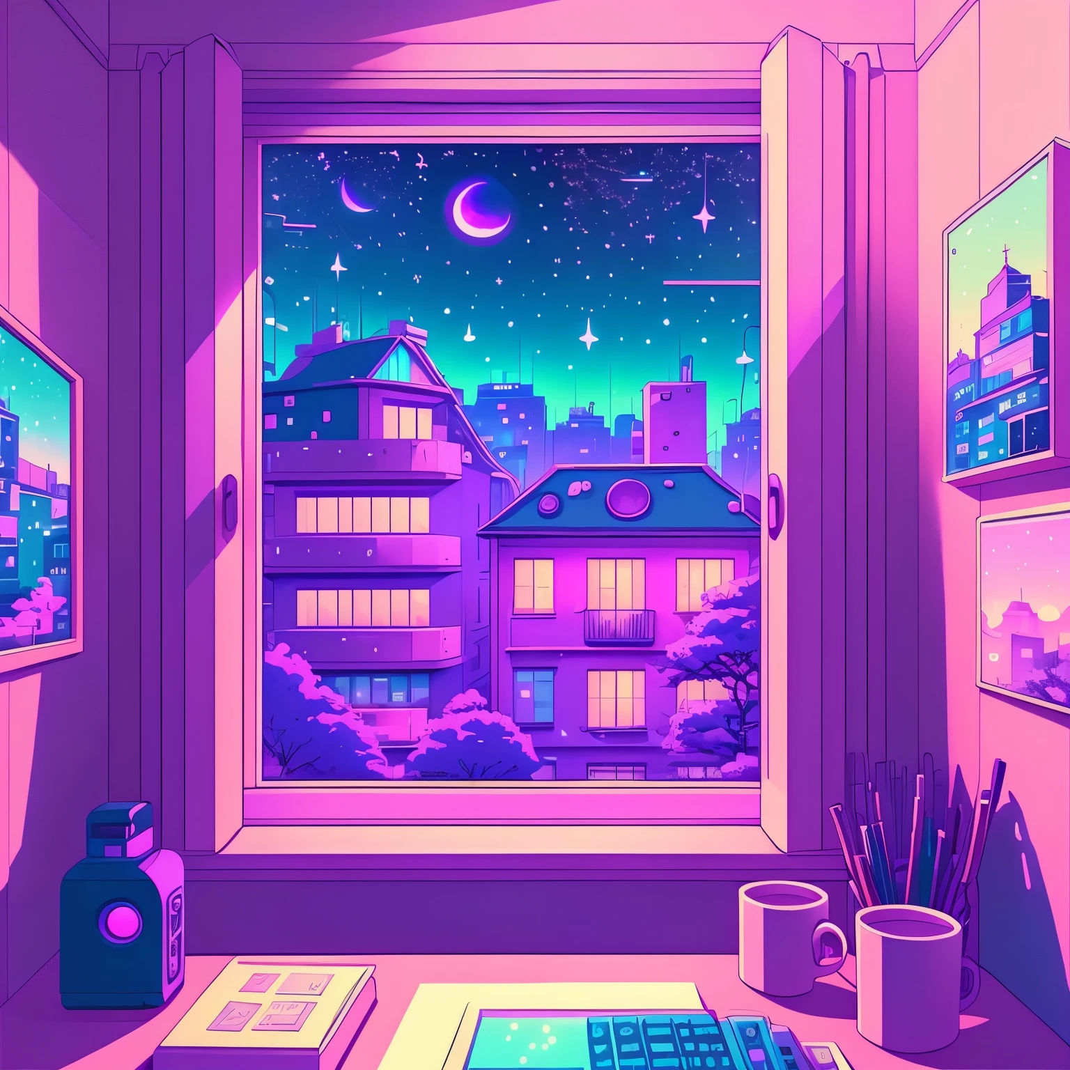 This is a (((lofi anime art print))) of a dreamy and soft y2k bedroom. The bedroom is cozy and nostalgic. ((The lofi and y2k aesthetic are important.)) Include a cluttered desk and bookcase filled with vintage charm. Include a retro computer on the desk. ((There are no people in this image.)) A prominent window in the serene bedroom overlooks a simple pastel city twinkling with stars and a mesmerizing meteor shower. Bathe this artwork in pastel purples, blues, and pinks, creating a dreamy, whimsical, and soft atmosphere. Peaceful mood, soft lighting, dreamy atmosphere, photographic, cinematic, intricate details, high quality, masterpiece, Art Lofi, Null Art Style, Lofi Sensation, portrait of lofi, Lofi Colors, null, lo-fi art, Lofi Vibes , Lofi atmosphere, Lofi hip hop, (Lofi Girl Aesthetics), computer aesthetic, ((dreamcore aesthetic)), (((y2k aesthetic))), y 2 k aesthetic, dreamy aesthetic, office background, background art, highschool background, gamer aesthetic, kawaii aesthetic, wallpaper aesthetic, dreamy illustration, soft aesthetic, cyber aesthetic, magical colored theme, toon aesthetic, violet colored theme, light academia aesthetic