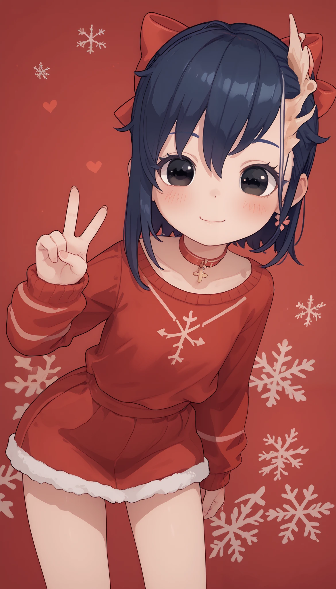 1 (TinyMita), restored face, cute face (dark blue hair), small, short, (li), cute smile, blush, (black eyes), (red hair bow), red Christmas sweater, wide line art, simplistic, cute, cute pose, v sign, simplistic background. (Mizumizuni)( Opossumachine)