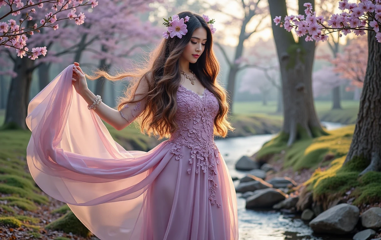Design an ethereal fashion shoot in a secret garden. Our hot model, Luna, stands amidst blooming cherry blossom trees, her flowing lavender dress with major cleavage catching the soft sunlight. Her hair, a cascade of lilac waves, frames her face as she gazes at a crystal-clear pond. Around her, fireflies dance, leaving trails of shimmering light. Luna looks very sexy and her eyes hold a hint of mystery. Capture the enchantment of this moment, blending elegance, whimsy, and a touch of magic, oh and also some big and a tight ass, detailed face, sharp image, high contrast