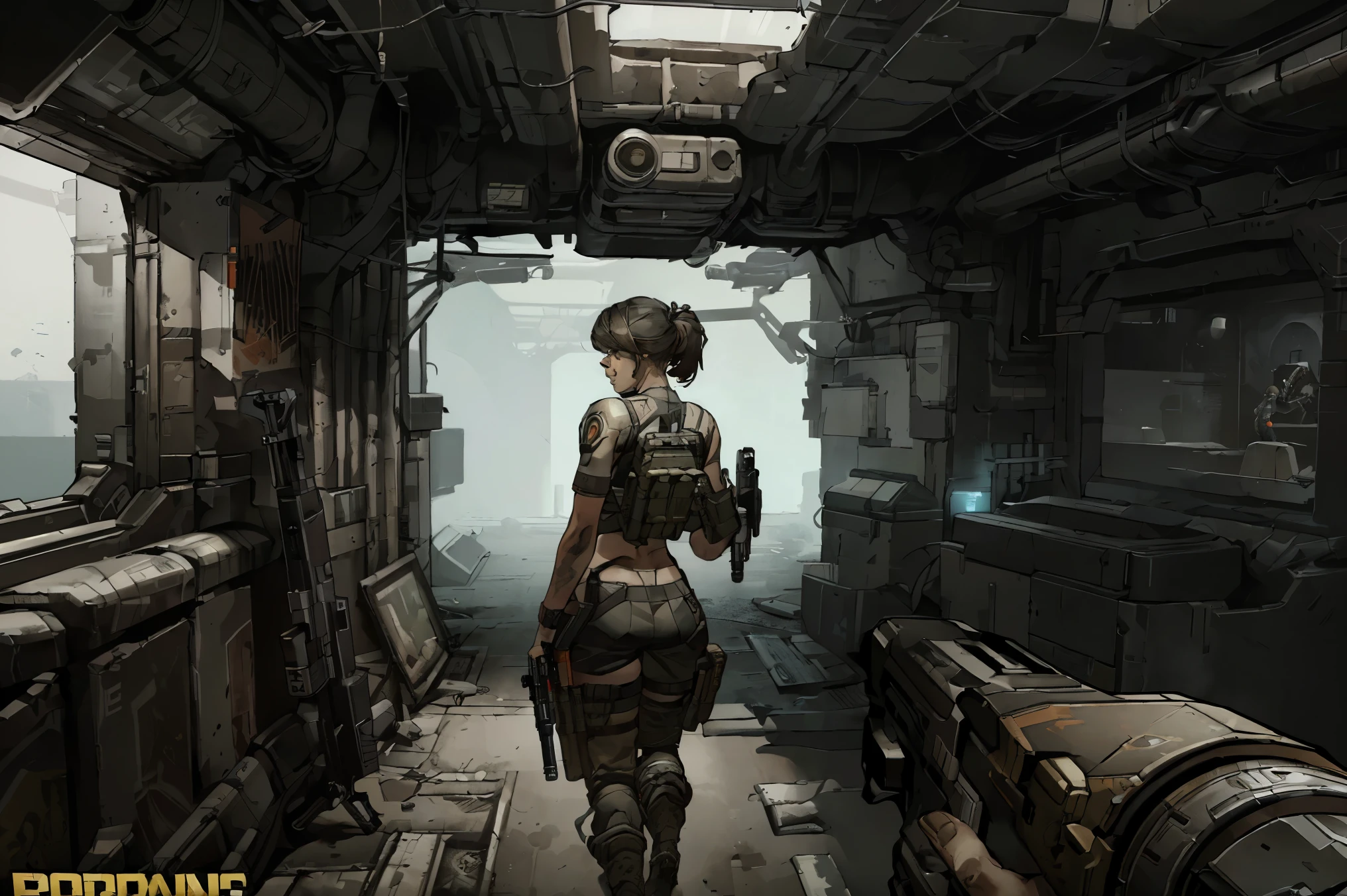 ((borderlands style art, Outliner Effect, first person shooter gameplay, fps game)), spaceship interior scene, dark environment, dramatic lighting, fps game style, fury gun, high quality, 4k, ultra hd, the scene shows a female character naked in front of the viewer, (the first-person shooter shows a futuristic gun in the foreground)