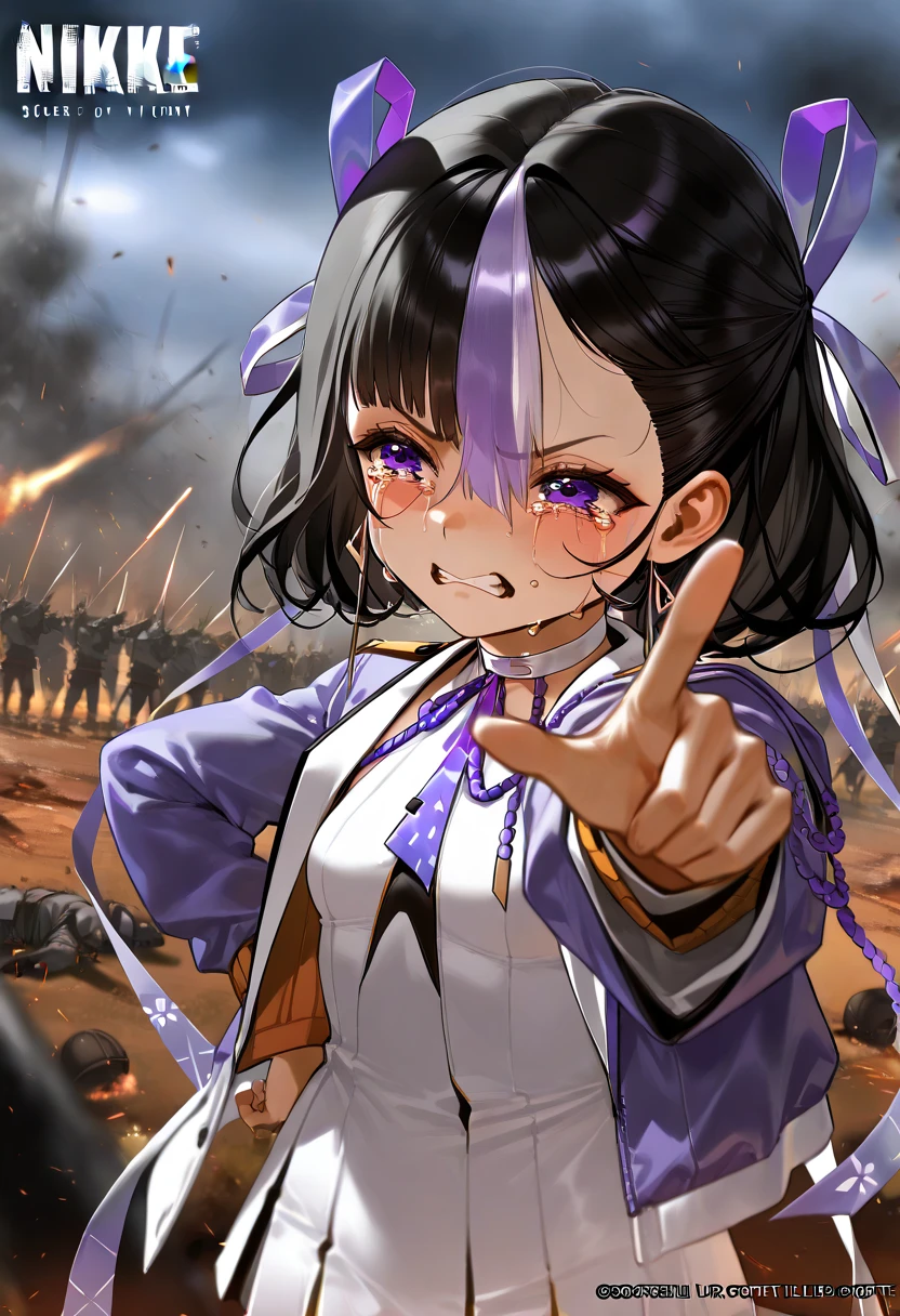 Syuen ( Goddess of Victory Nikke), pointing to the index finger ,battlefield, crying face
