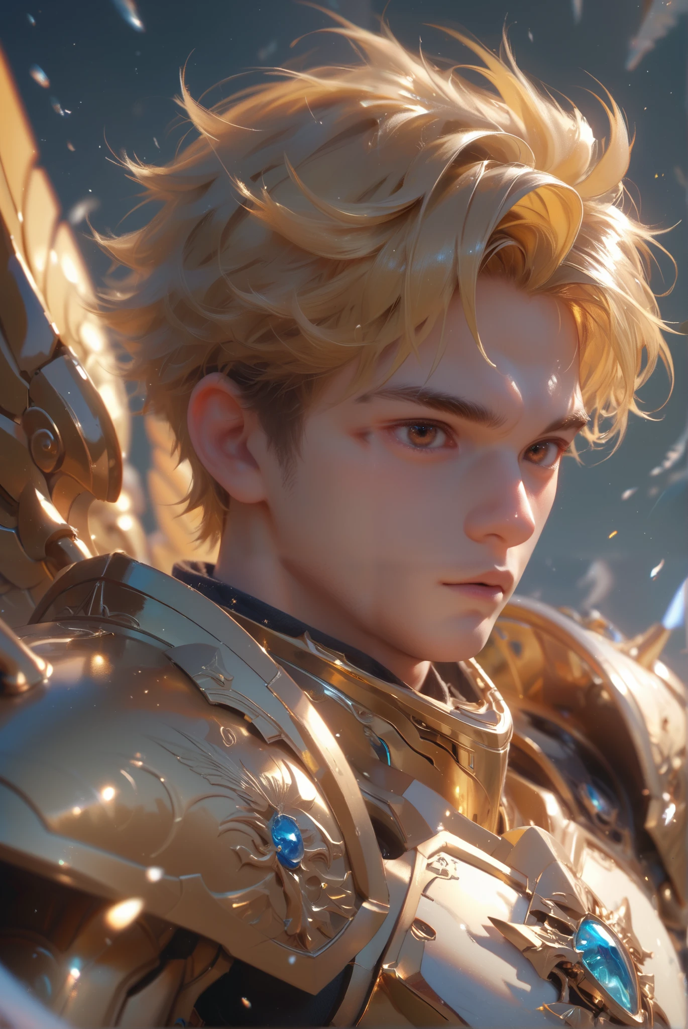 young man, yellow hair, golden mechanical armor, gigantic mechanical fist, mechanical wings, brown eyes, huge armor, breastplate, shoulder pad best_qualities, (ultra-detailled:0.7), close up view