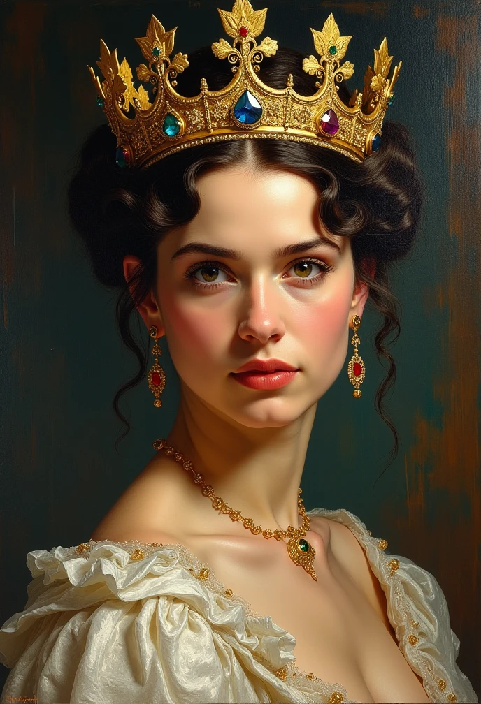 ((((Walking on the beach ))))a painting of a woman wearing a crown and a necklace, portrait of a beautiful goddess, princess portrait, an impressive portrait of a goddess, ((a beautiful empress in fantasy)), with a crown, princess portrait, portrait of a princess, crown!! oil painting, a beautiful empress fantasy, portrait of the goddess, portrait of a queen, royal portrait, very beautiful portrait