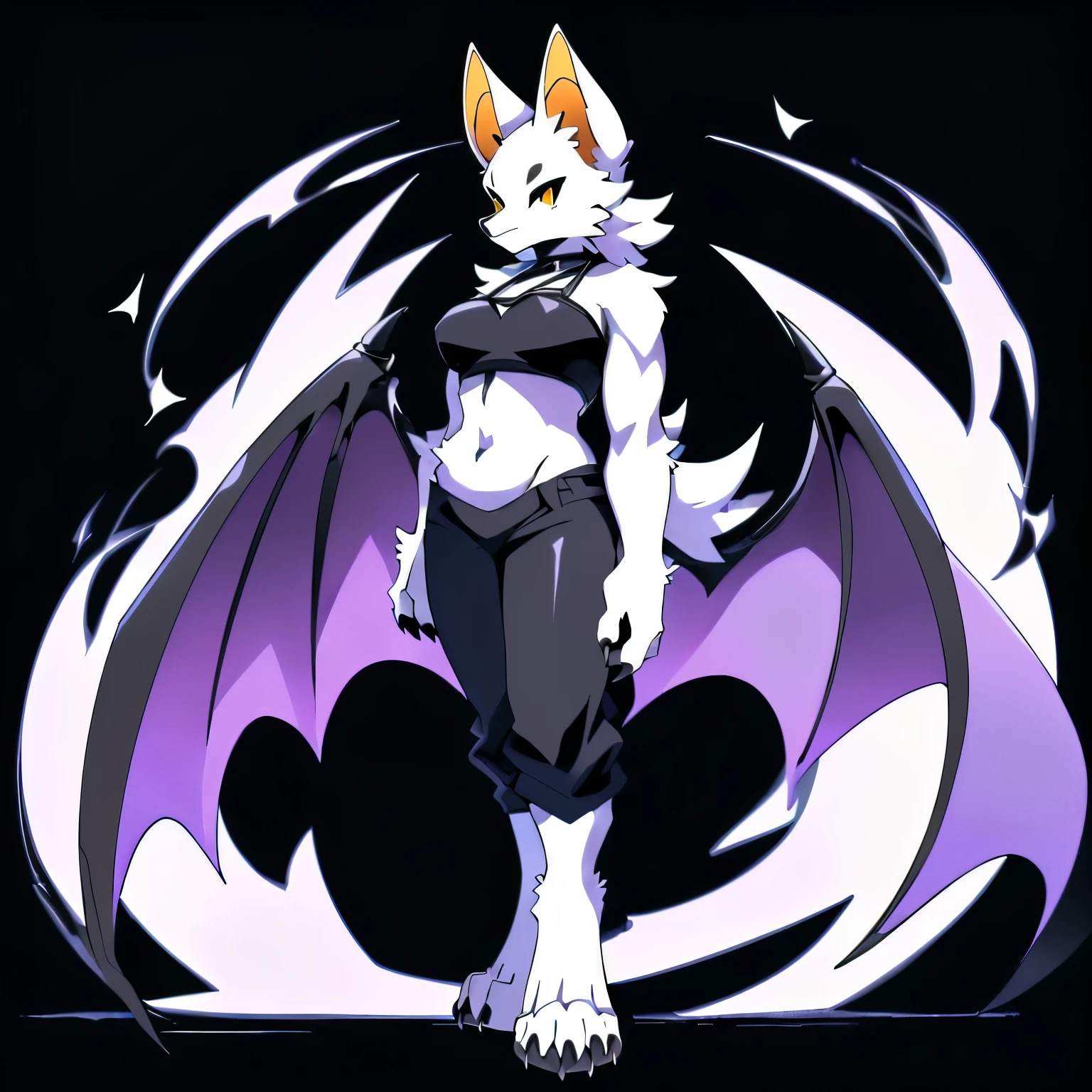 Anime, anime style, ((single person:2)), ((solo drawing:2)), ((solo:2)), ((three-quarter view)), ((Looking to the side)), ((female Anthro bat)), ((Tall figure)), ((buxom figure)), ((sleek white fur)), clawed hands, ((clawed paws)), ((Single Pair of Wings)), ((Huge Bat Wings)), ((Purple and black Bat Wings)), ((white bat ears)), ((wearing a black halter top)), ((white face)) exposed belly, ((neutral expression)), vivid golden eyes, ((digitigrade legs)), ((digitigrade feet)), ((solid black background)), highly detailed anime style, clean lines, white face, short white muzzle, white furry cheeks, white furry muzzle, ((wearing loose pants)), ((white foot paws)), ((foot paws with four toes)), ((Claws on paws))