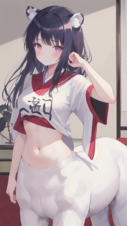 (best quality, masterpiece), 1 girl, centaur, It takes, White skin, Japanese , exposing the abdomen,belly button t-shirt, 아름다운 소녀 perfect white tiger photo, perfect white tiger photo