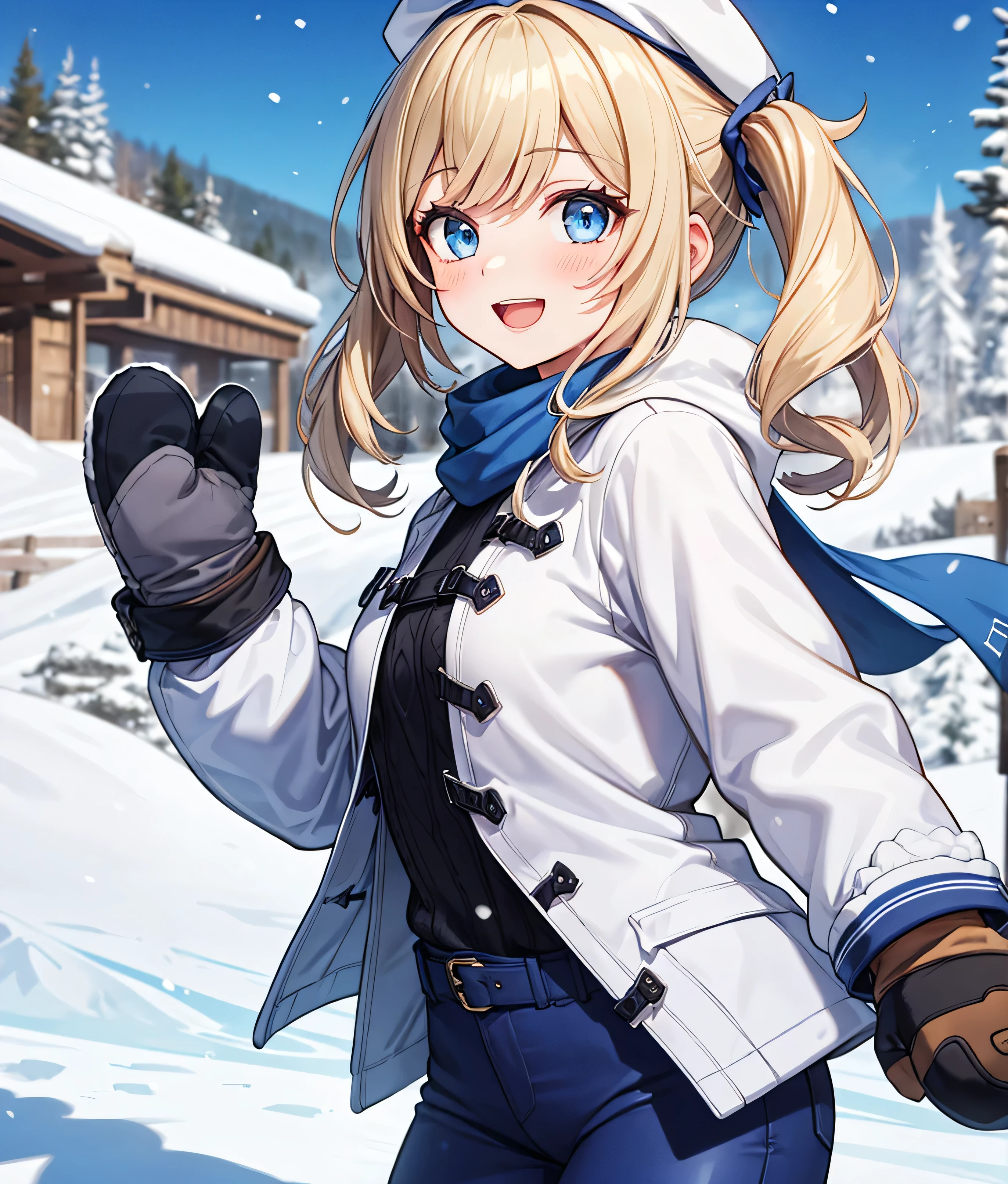 from the side 1 girl , Alone, high definition, long hair, gaze, blush, smiles, blue eyes, Blonde, high definition, masterpiece, accurate, anatomically correct, won numerous awards , 最high quality, details , 高い details , high quality, quality, retina, very detailed, Textured Skin, Ultra Fine, pants style , ski resort, ski resort background, , (((Mittens gloves ))), knitted hat, ((((BLUE
ski wear)))), Emphasize the upper body, Snow is falling, Wrap a scarf, Bring me warm coffee, open your mouth, laugh happily, ,