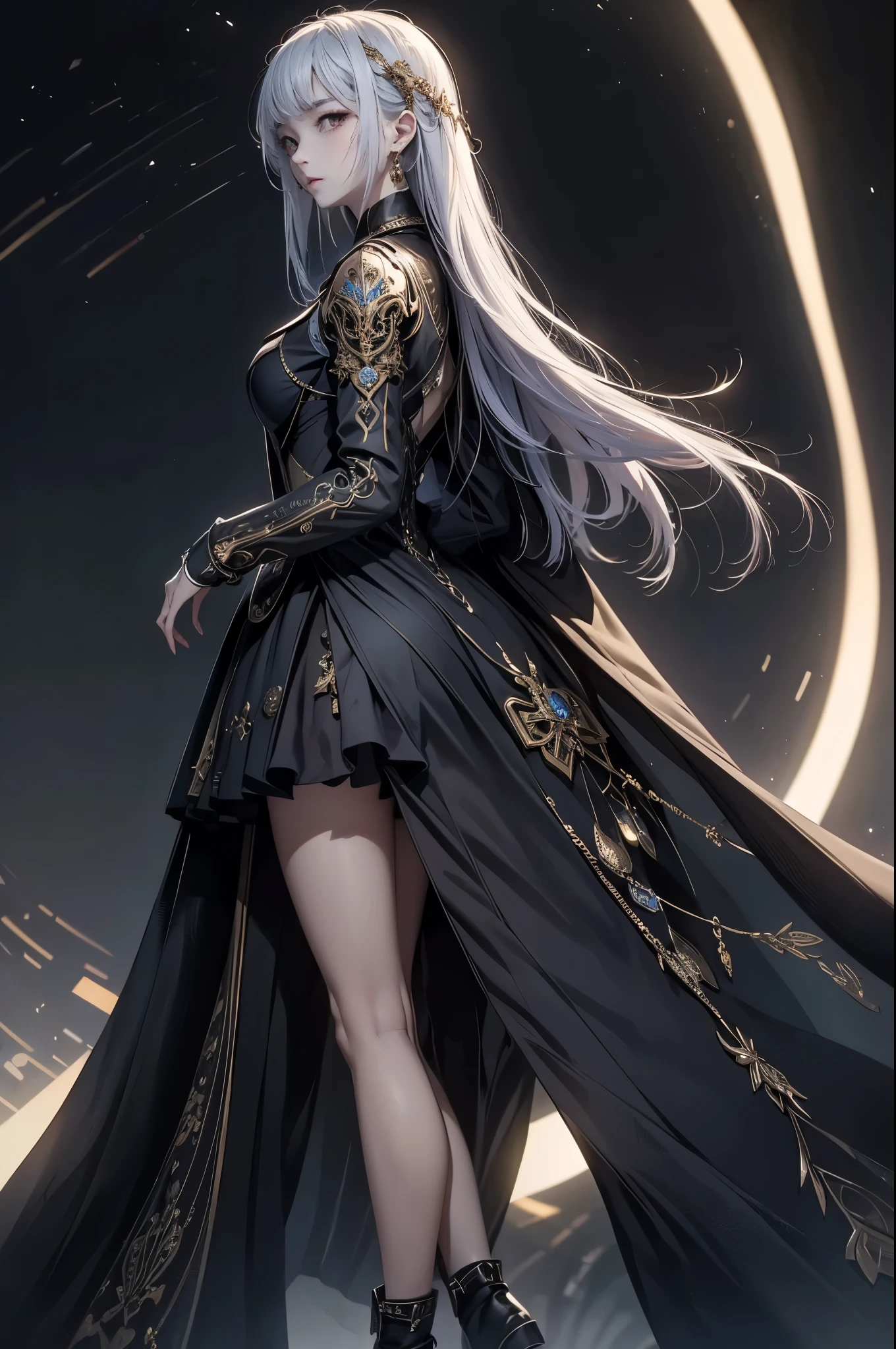 ((from front:1.5))((masterpiece:1.5、best quality, 2.8D illust, Very detailed 1girl, classic girl, classic, Mechanical decoration、 back ground:dark world. 
