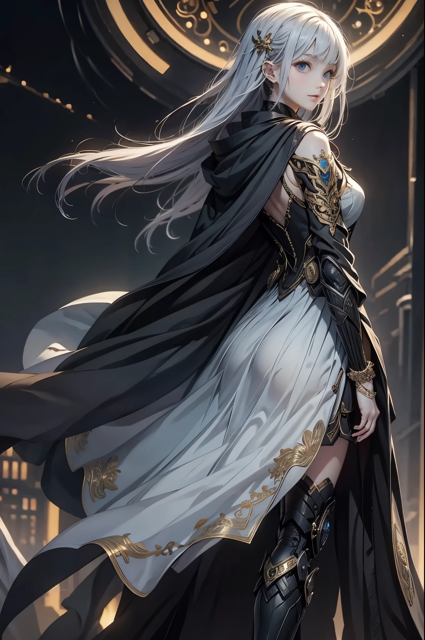 ((from front:1.5))((masterpiece:1.5、best quality, 2.8D illust, Very detailed 1girl, classic girl, classic, Mechanical decoration、 back ground:dark world. 
