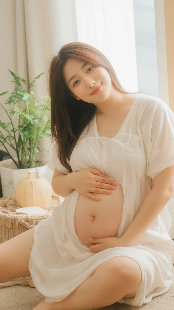 home in Tokyo, 28 year old Japanese woman, pregnant, white crop tank top, pink leggings, sitting on the floor