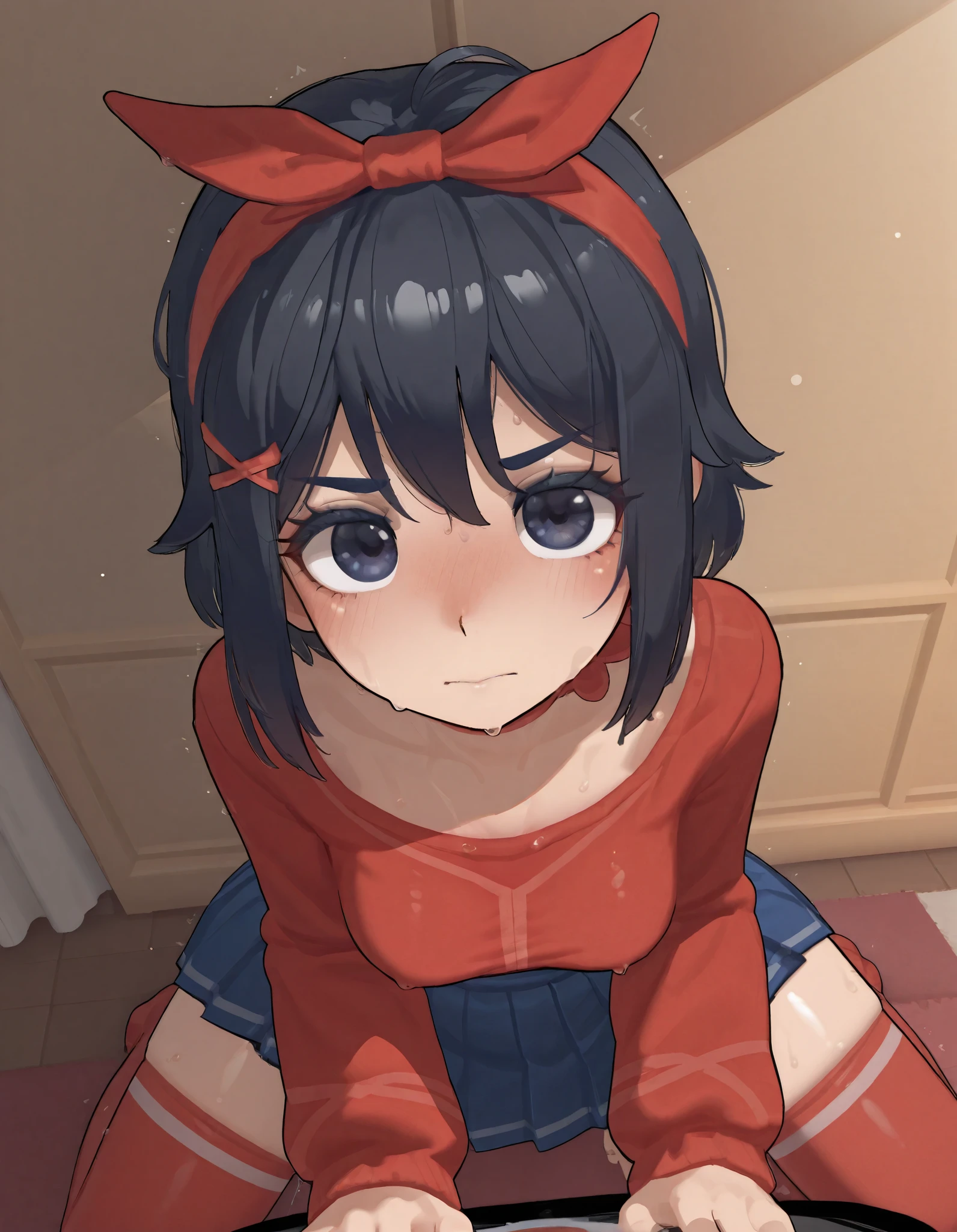 score_9, score_8_up , score_7_up , score_6_up , very perfect, 1, score_9, ShortHairMita, 1girl, short hair, hair bow, red shirt, pleated skirt, thighhighs, best, Gig breasts quality , 8k,  High resolution ,  aesthetically pleasing ,  dark haired ,  ((Foto em ângulo baixo、Olhando para a câmera: 1,22, Inclinando-se para frente, (Mizumizuni) (ffppwet,shiny skin,wet skin)