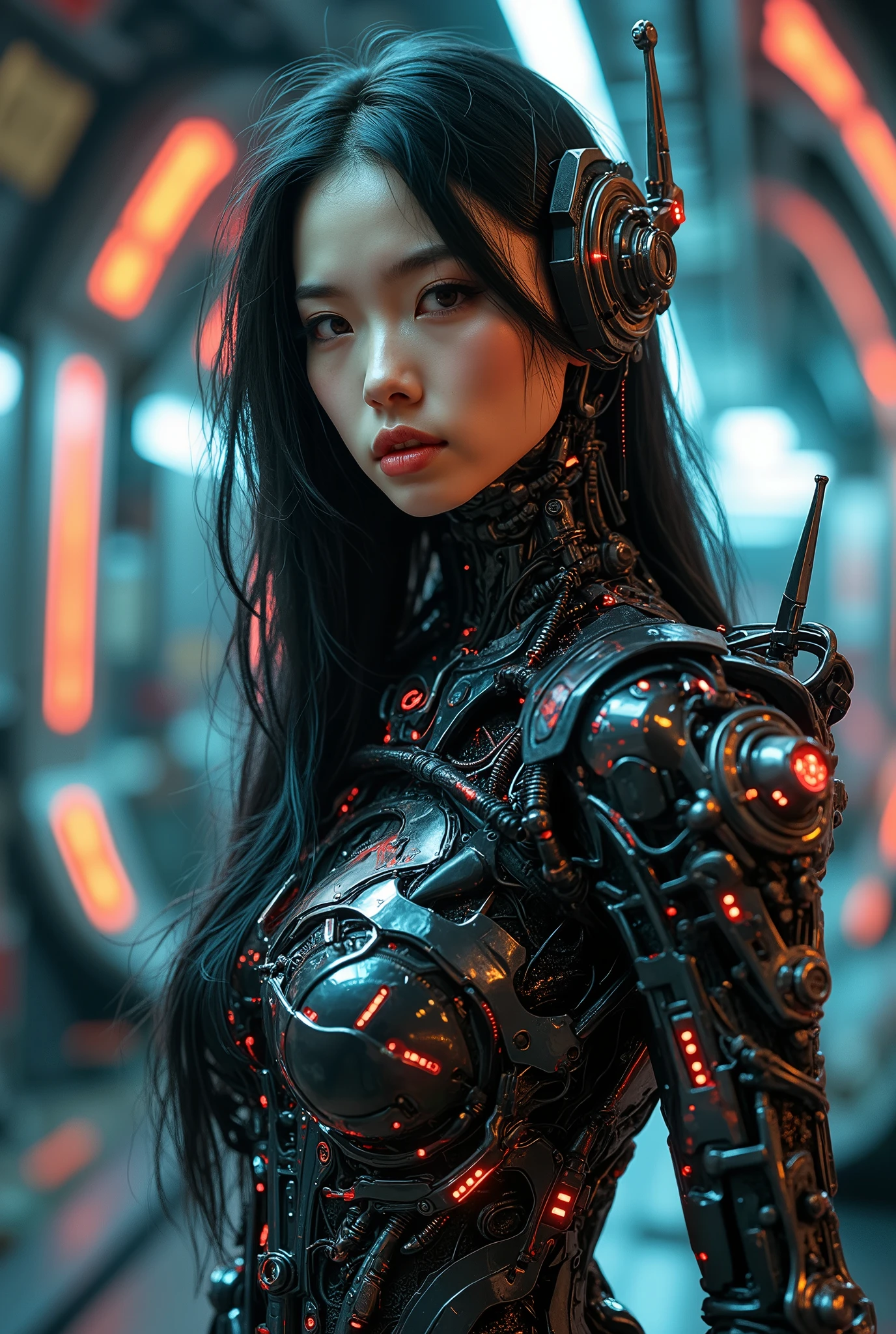 Jim Burns illustration of perfect Asian cyberpunk girl, ((slender figure)), (((wearing incredibly detailed ornate baroque cyberpunk armour))), ((LED lights)), (shapeless long hair), perfect features, (((full figure standing pose, facing camera))), (((starship interior))), (((Jim Burns art style))), abstract beauty, near perfection, pure form, concept art, intricate detail, 8k post-production, High resolution, super Detail, art station Trends, sharp focus, studio photos, intricate detail, Very detailed.
