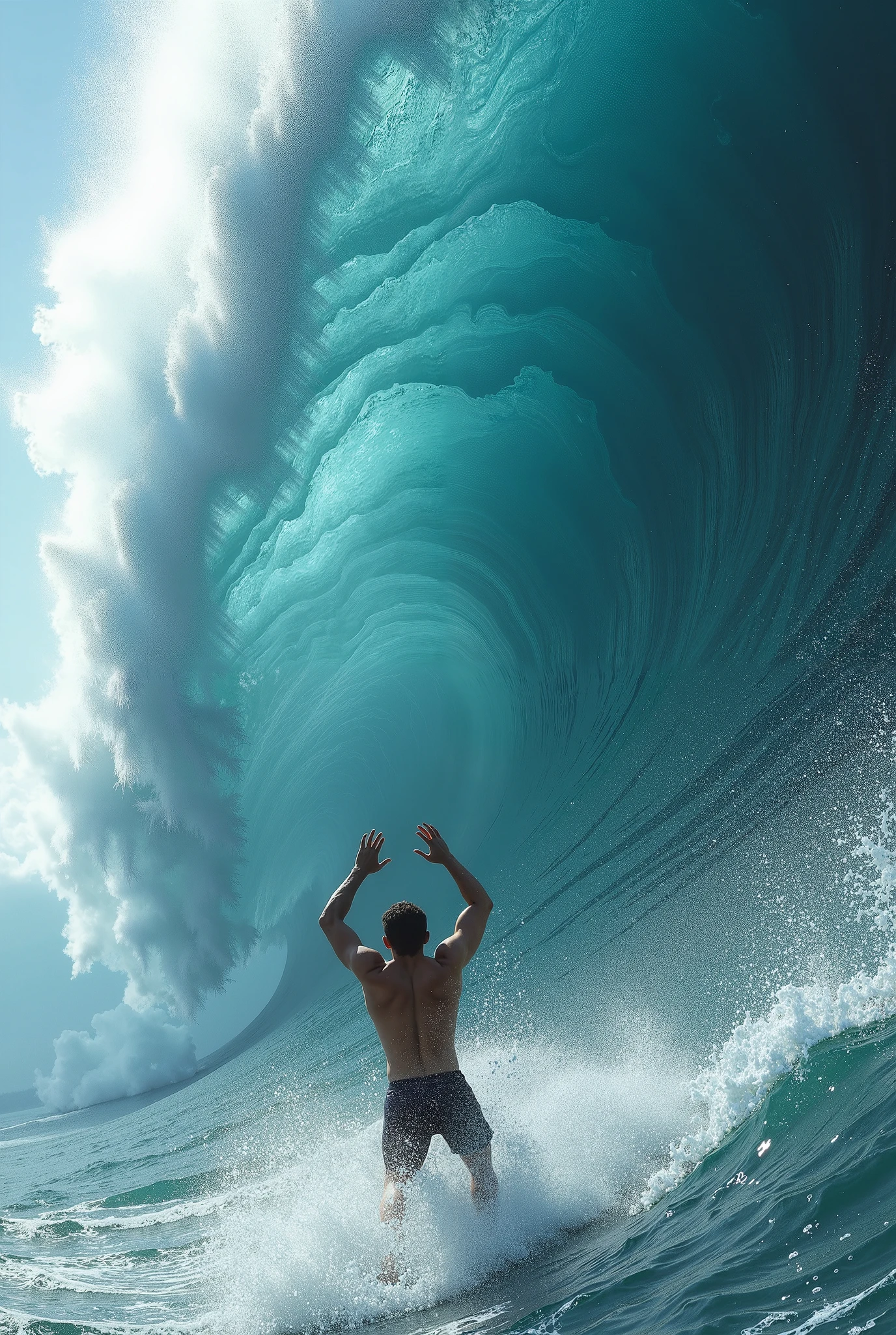 A person appears with the .arms up. . You can see him from the waist up trying to jump a wave. that is 3 times larger than the .