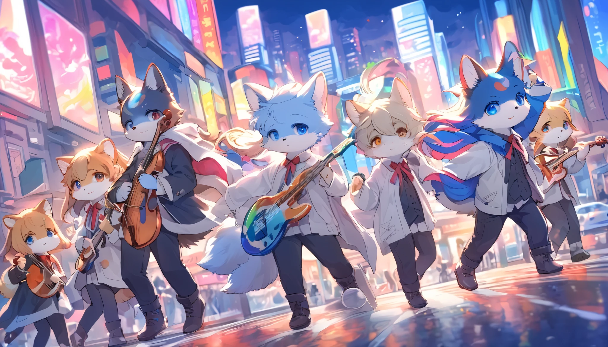 5 cute animals, one group of five-member, music band of jazz, they have a fantastic journey, big city background, dramatic journey direction, very interacting story, furry, detail-up fur, vivid color, pop and classic, staring to you, high-class fur, soft vibe atmosphere, kemono style,
