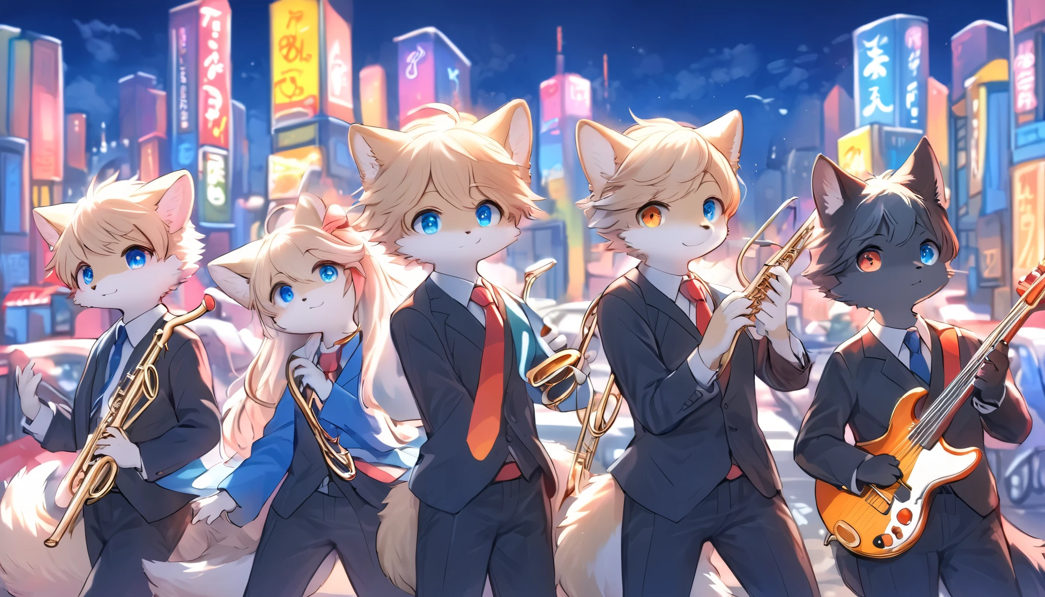 5 cute animals, one group of five-member, music band of jazz, they have a fantastic journey, big city background, dramatic journey direction, very interacting story, furry, detail-up fur, vivid color, pop and classic, staring to you, high-class fur, soft vibe atmosphere, kemono style,