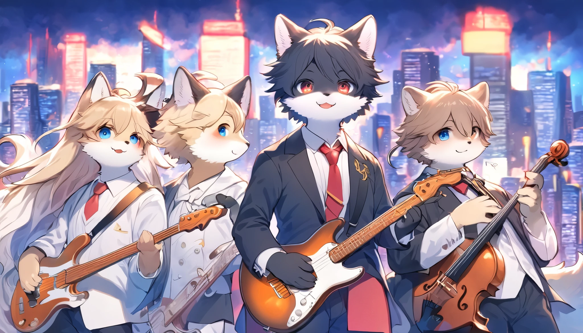 5 cute animals, one group of five-member, music band of jazz, they have a fantastic journey, big city background, dramatic journey direction, very interacting story, furry, detail-up fur, vivid color, pop and classic, staring to you, high-class fur, soft vibe atmosphere, kemono style,