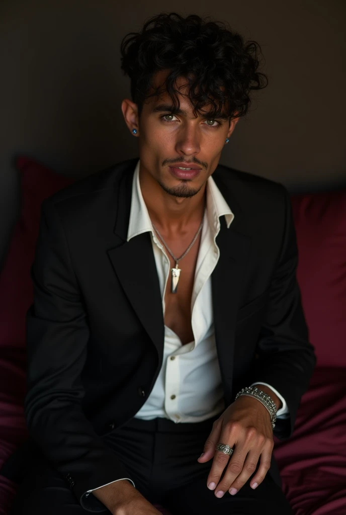 ((best quality)), ((masterpiece)), (detailed), naughty man, black eyes and white iris, shirtless suit white on shoulders with tattoo on forearm