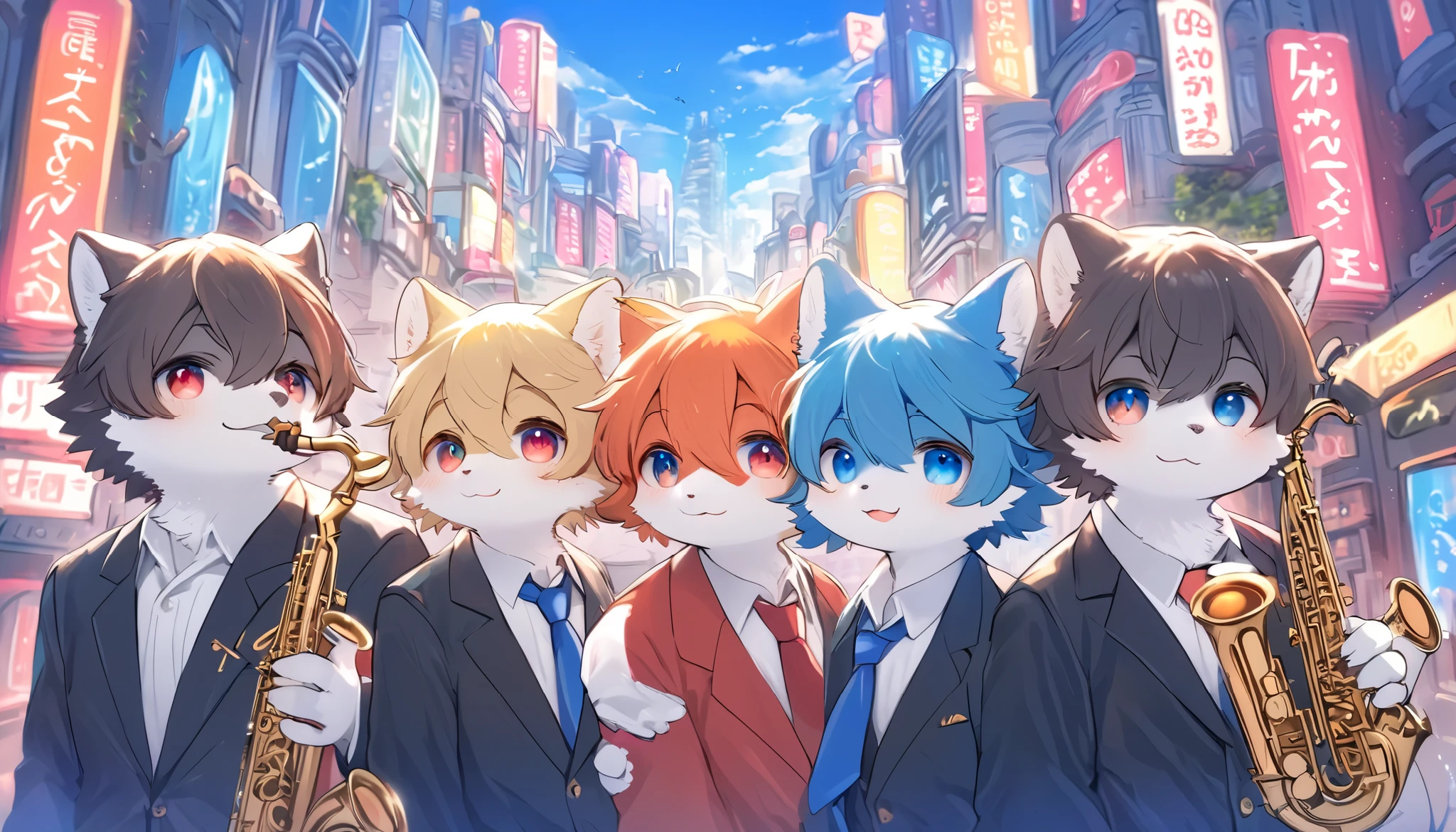 5 cute animals, one group of five-member, music band of jazz, they have a fantastic journey, big city background, dramatic journey direction, very interacting story, furry, detail-up fur, vivid color, pop and classic, staring to you, high-class fur, soft vibe atmosphere, kemono style,