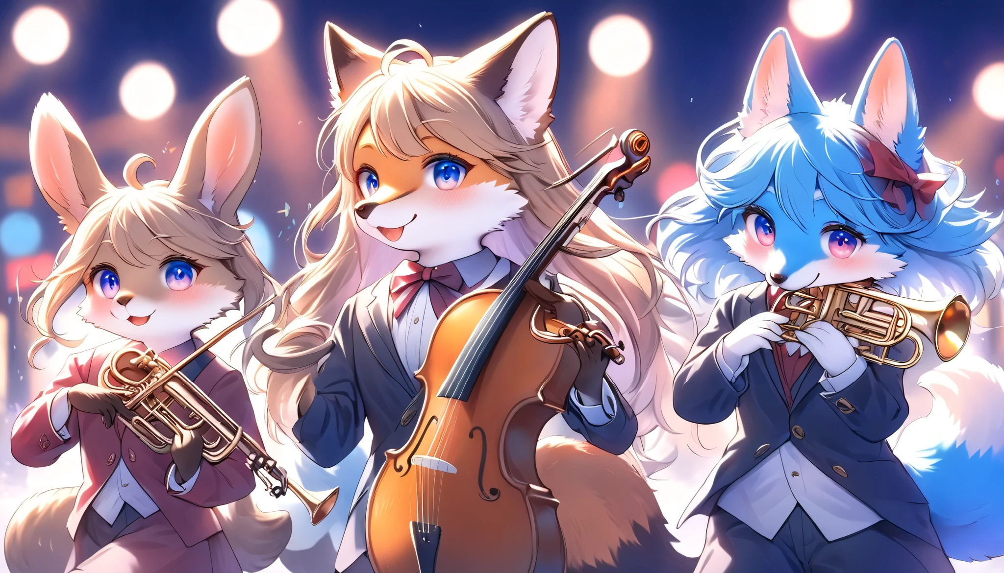 5 cute animals, music band of jazz, they have a fantastic journey, big city background, one group of five-member\A B C D and E\, (\1. A is\ a cute rabbit vocal, \2. B is\ a cool fox guitarist, \3. C is\ a gentle beaver Clarinetist, \4. D is\ a fancy Trumpet player, and \5. E is\ a sexy Violinist), BREAK separate the 5 members correctly., dramatic journey direction, Inspired by the Bremen Town Musicians, very pleasant story, furry, detail-up fur, vivid color, pop and classic, staring to you, high-class fur, soft vibe atmosphere, kemono style, masterpiece, best quality, hi-res, ultra-retina,