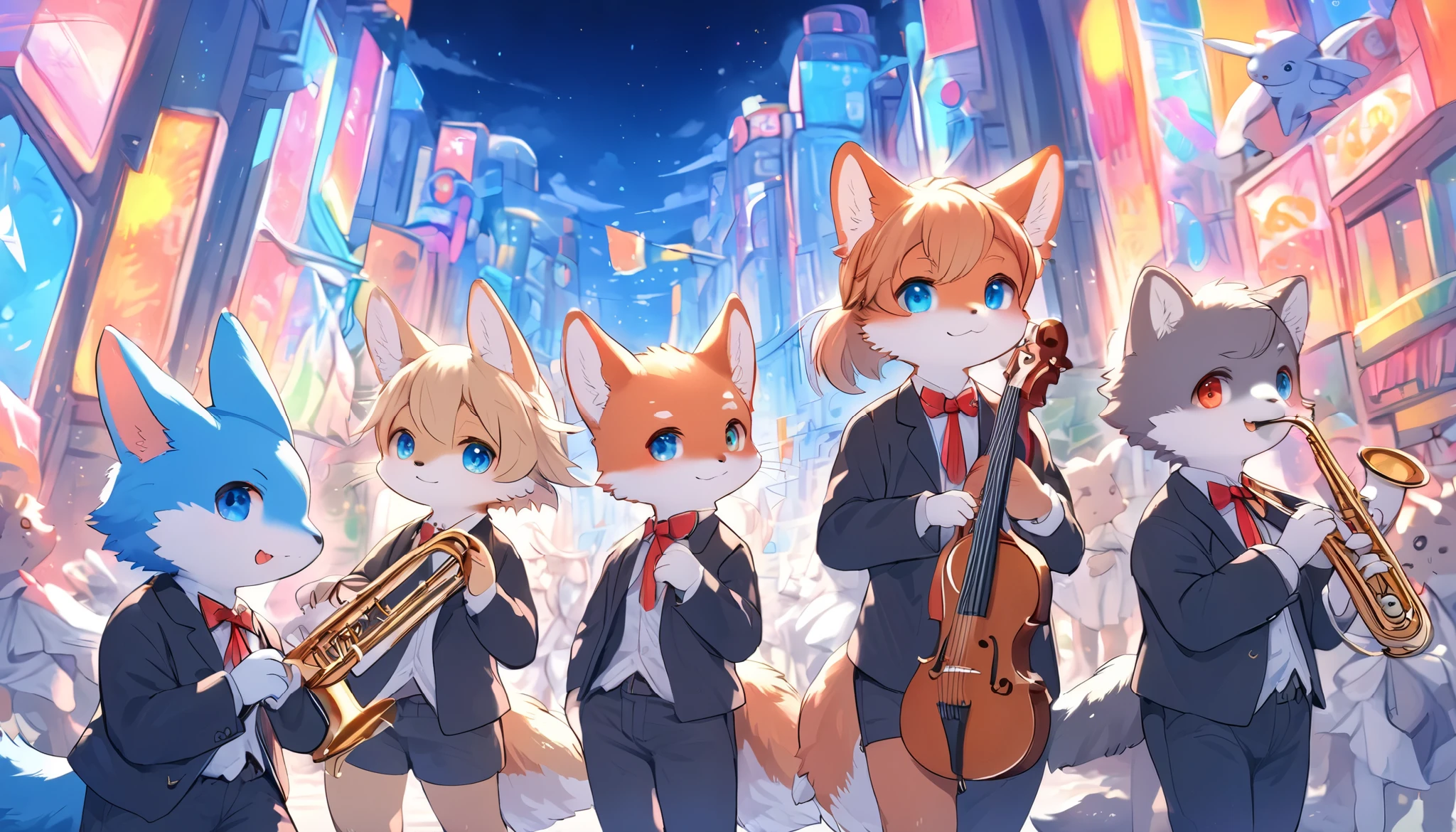5 cute animals, one group of five-member, music band of jazz, they have a fantastic journey, big city background, dramatic journey direction, very interacting story, furry, detail-up fur, vivid color, pop and classic, staring to you, high-class fur, soft vibe atmosphere, kemono style,