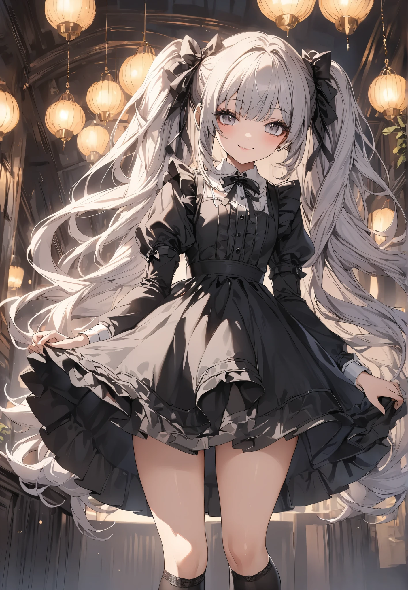 Masterpiece, high quality, high resolution, 16k, exquisite background, ite girl, black twin-tail hair, long hair, gothic lolita, maid, fair skin, long eyelashes, beautiful eyes, over-kneehighs, full length, standing (1.0), smiling, kind smile, beautiful legs, nice skin, Cinematic Angle