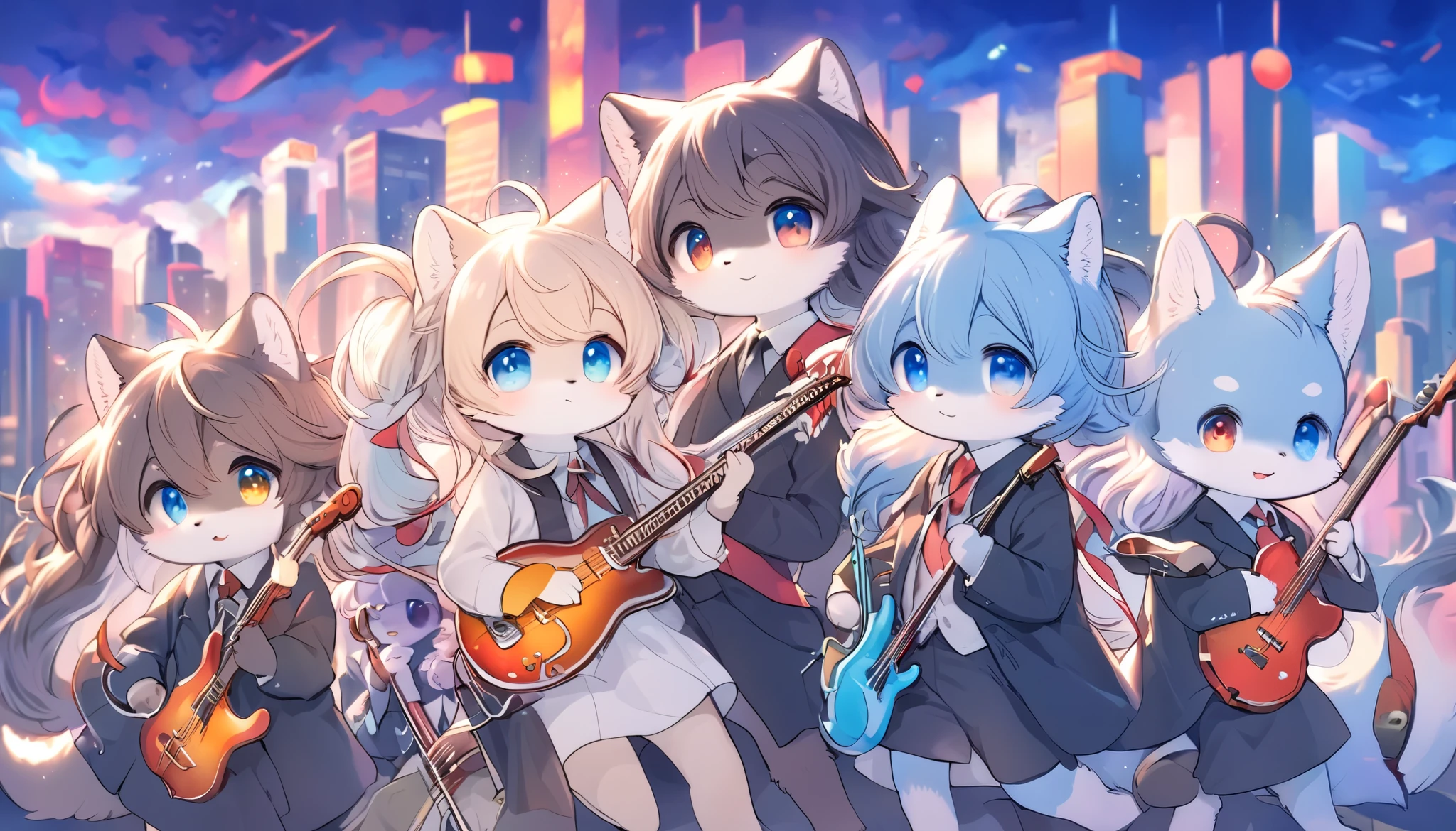 5 cute animals, one group of five-member, music band of jazz, they have a fantastic journey, big city background, dramatic journey direction, very interacting story, furry, detail-up fur, vivid color, pop and classic, staring to you, high-class fur, soft vibe atmosphere, kemono style,
