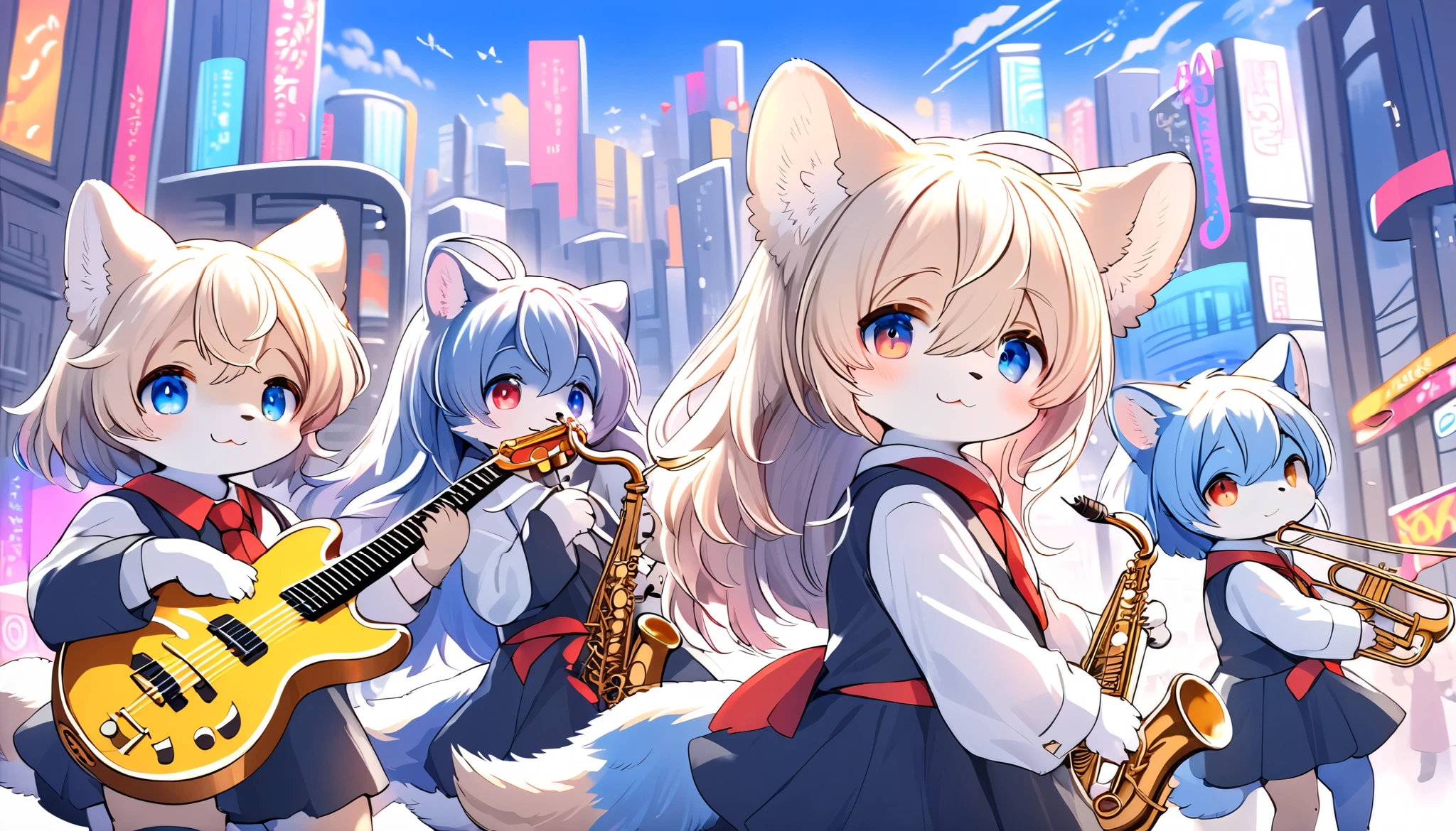 5 cute animals, one group of five-member, music band of jazz, they have a fantastic journey, big city background, dramatic journey direction, very interacting story, furry, detail-up fur, vivid color, pop and classic, staring to you, high-class fur, soft vibe atmosphere, kemono style,