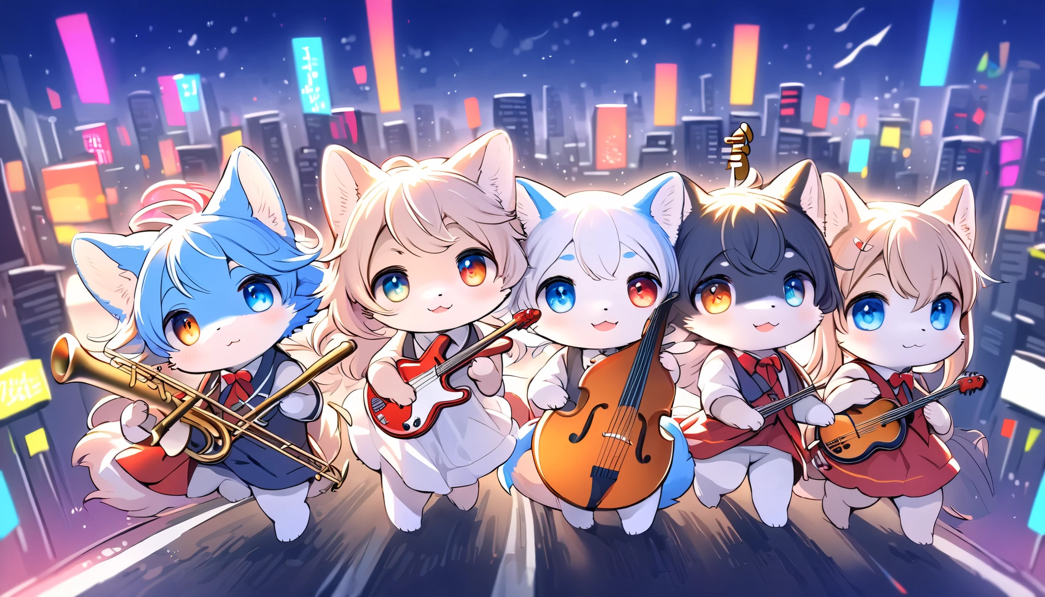 5 cute animals, one group of five-member, music band of jazz, they have a fantastic journey, big city background, dramatic journey direction, very interacting story, furry, detail-up fur, vivid color, pop and classic, staring to you, high-class fur, soft vibe atmosphere, kemono style,