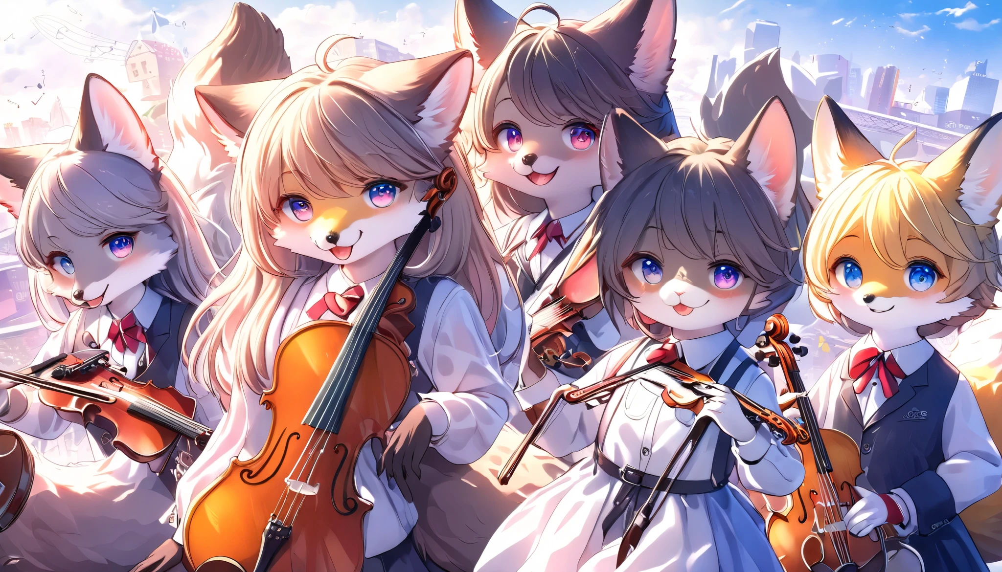 5 cute animals, music band of jazz, they have a fantastic journey, big city background, one group of five-member\A B C D and E\, (\A is\ a cute rabbit vocal:1.3,\B is\ a cool fox guitarist:1.0,\C is\ a gentle beaver Clarinetist:1.3,\D is\ a fancy Trumpet player:1.3,and\ E is\ a sexy Violinist:1.3), BREAK (((separate the 5 members correctly:1.3))), dramatic journey direction, Inspired by the Bremen Town Musicians, very pleasant story, furry, detail-up fur, vivid color, pop and classic, staring to you, high-class fur, soft vibe atmosphere, kemono style, masterpiece, best quality, hi-res, ultra-retina,