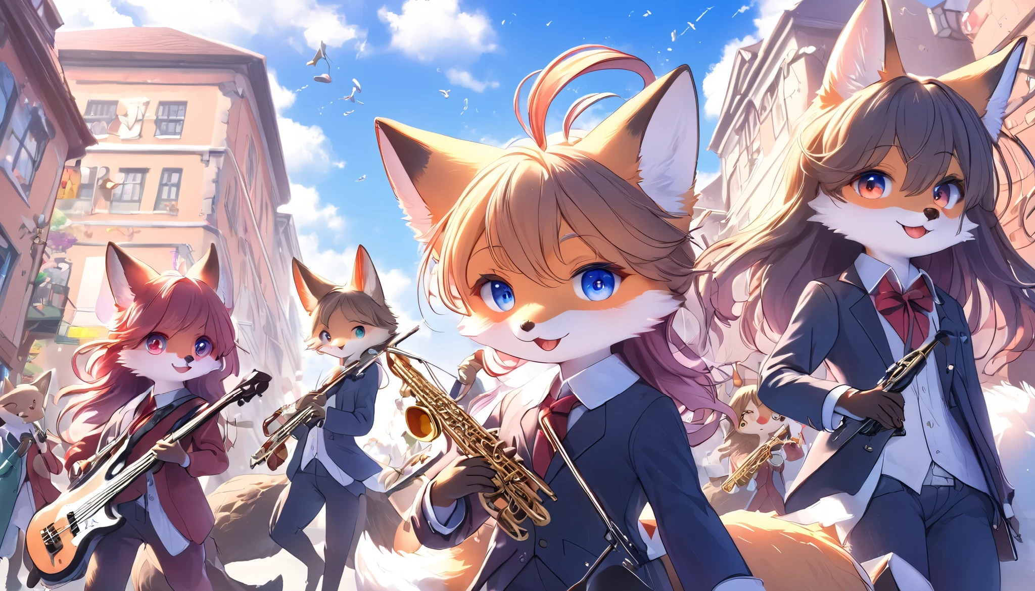 5 cute animals, music band of jazz, they have a fantastic journey, big city background, one group of five-member\A B C D and E\, (\A is\ a cute rabbit vocal:1.3,\with B is\ a cool fox guitarist:1.0,\with C is\ a gentle beaver Clarinetist:1.3,\with D is\ a fancy Trumpet player:1.3,and\ E is\ a sexy Violinist:1.3), BREAK dramatic journey direction, Inspired by the Bremen Town Musicians, very pleasant story, furry, detail-up fur, vivid color, pop and classic, staring to you, high-class fur, soft vibe atmosphere, kemono style, masterpiece, best quality, hi-res, ultra-retina,