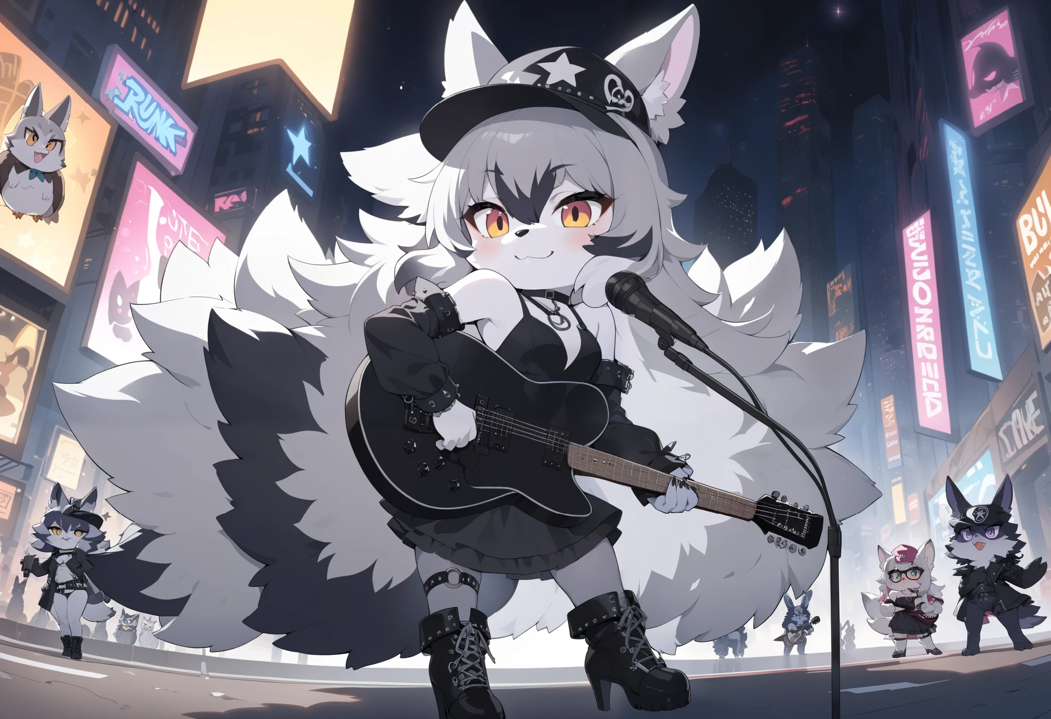 2woman, (furry, kemono:1.4), \woman A is\, white fox lady, animal nose, fox ears, (playing a Star designed guitar:1.27), Long Hair, Gray Hair, Bare Shoulder, Boots, Hat, Dress, Detached Sleeve, punk cap, leather textured costume, Panty Stockings, High Heel Boots, Choker, Thigh, Black Dress, Black Sleeve, Witch, BRAKE another woman, \woman B is\, (black rabbit lady, With a microphone in hand, animal nose, rabbit ears, fuzzy furry, cute punk style, attractive pop colored costume), BREAK journey at city Background, high-detailed Background, Full Length, guitar, Black Shoes, Black Headdress, Black Choker, Closed Mouth, cute chibi style, masterpiece, best quality, very aesthetic, absurdres, BREAK (Riding on a big owl:1.4), Traveling with bandmates, Shout a song