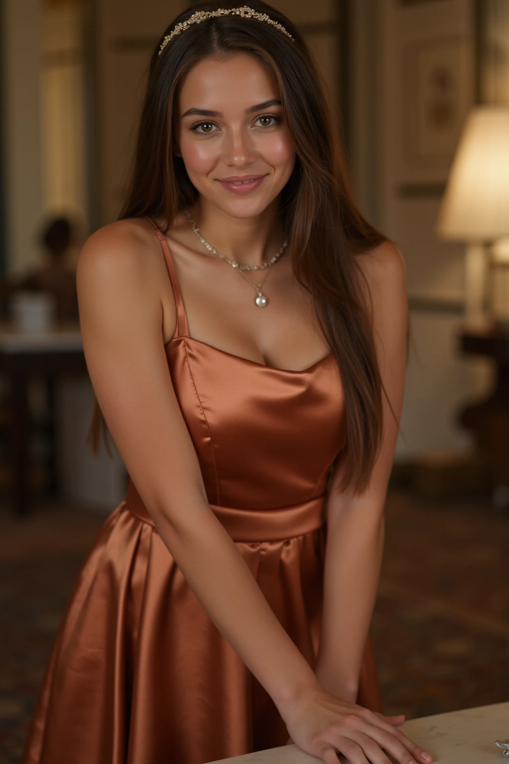 Realistic full body photo of a smiling, young brunette girl with high hair, She dances in front of the camera in a long A-line bridesmaid dress with straps made of shiny brown satin., Park,glamour fotoshooting, Wedding celebration, perfect anatomy, perfect brown eyes. Perfect hands with 5 fingers on each hand, Matching girl, looking at the camera, 1 Frau. (Eye make up:1.1), (highly detailed skin:1.1), spirit, analog style, keen focus, 8K UHD, dslr, good quality, Fujifilm XT3, Grain, Award-winning, masterpiece. Wedding celebration