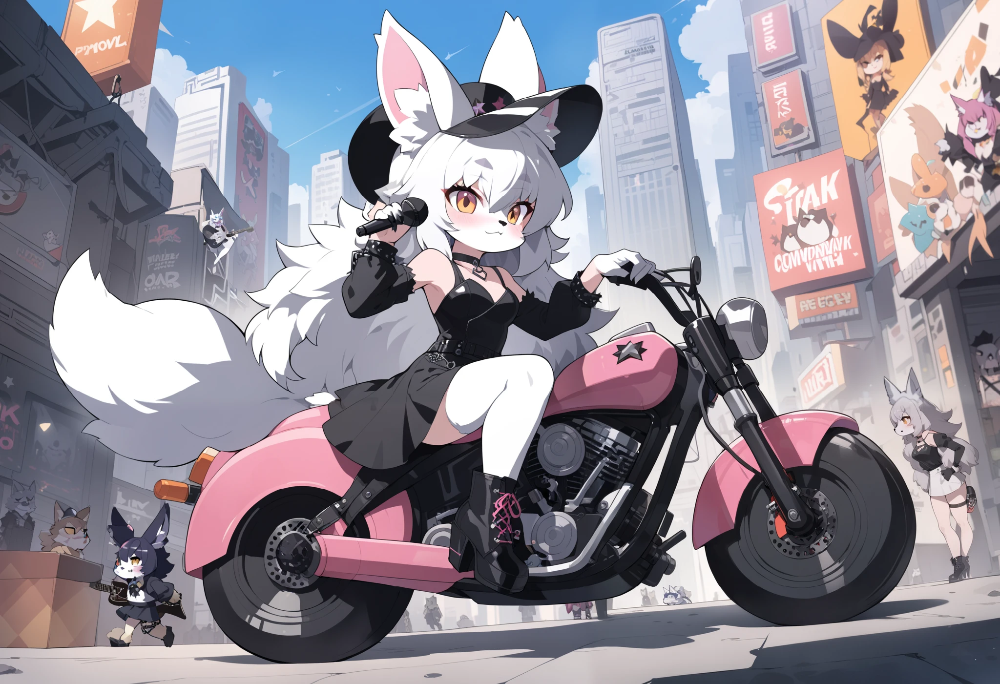2woman, (furry, kemono:1.4), \woman A is\, white fox lady, animal nose, fox ears, (playing a Star designed guitar:1.27), Long Hair, Gray Hair, Bare Shoulder, Boots, Hat, Dress, Detached Sleeve, punk cap, leather textured costume, Panty Stockings, High Heel Boots, Choker, Thigh, Black Dress, Black Sleeve, Witch, BRAKE another woman, \woman B is\, (black rabbit lady, With a microphone in hand, animal nose, rabbit ears, fuzzy furry, cute punk style, attractive pop colored costume), BREAK journey at city Background, high-detailed Background, Full Length, guitar, Black Shoes, Black Headdress, Black Choker, Closed Mouth, cute chibi style, masterpiece, best quality, very aesthetic, absurdres, BREAK (Riding on a big owl:1.4), Traveling with bandmates, Shout a song