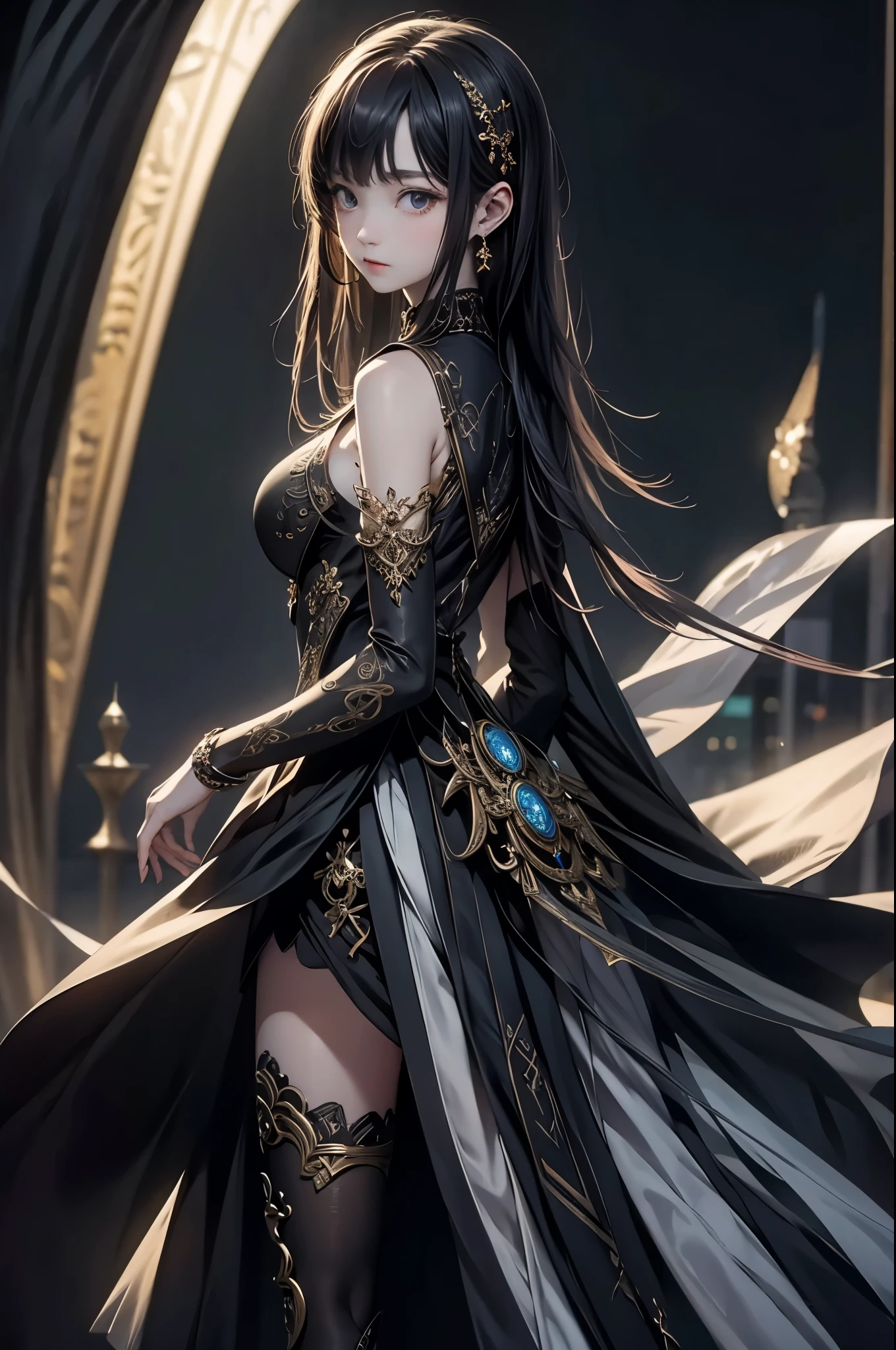 ((masterpiece:1.5、best quality, 2.8D illust, Very detailed 1girl, classic girl, classic, Mechanical decoration、 back ground:dark world. from front:1.5
