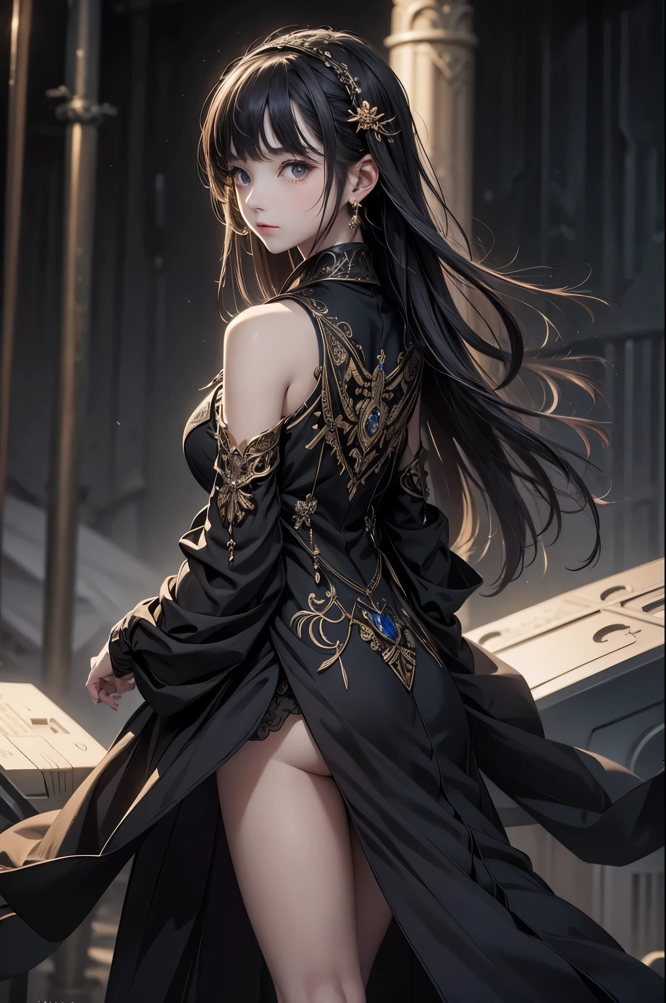 ((masterpiece:1.5、best quality, 2.8D illust, Very detailed 1girl, classic girl, classic, Mechanical decoration、 back ground:dark world. from front:1.5
