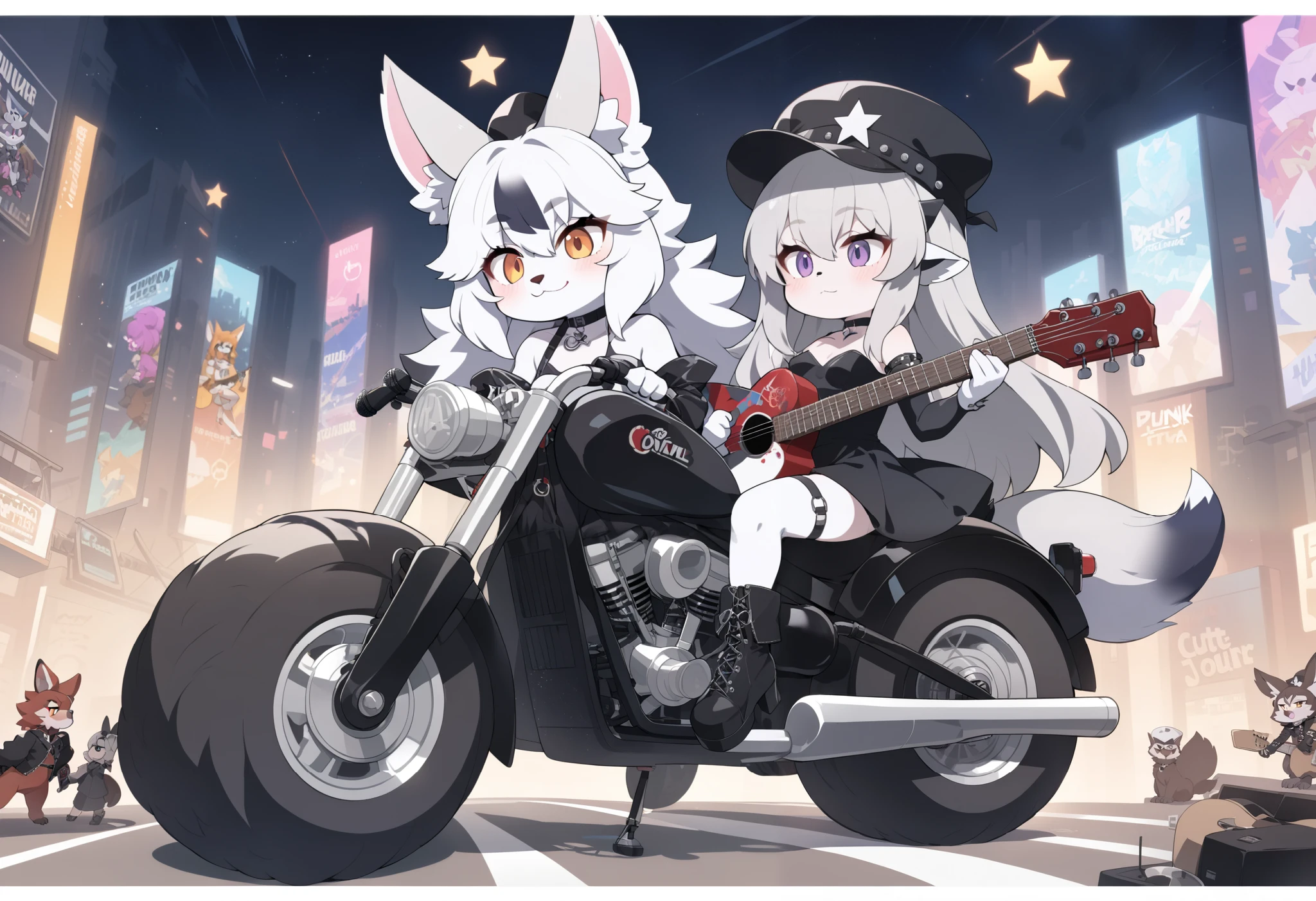 2woman, (furry, kemono:1.4), \woman A is\, white fox lady, animal nose, fox ears, (playing a Star designed guitar:1.27), Long Hair, Gray Hair, Bare Shoulder, Boots, Hat, Dress, Detached Sleeve, punk cap, leather textured costume, Panty Stockings, High Heel Boots, Choker, Thigh, Black Dress, Black Sleeve, Witch, BRAKE another woman, \woman B is\, (black rabbit lady, With a microphone in hand, animal nose, rabbit ears, fuzzy furry, cute punk style, attractive pop colored costume), BREAK journey at city Background, high-detailed Background, Full Length, guitar, Black Shoes, Black Headdress, Black Choker, Closed Mouth, cute chibi style, masterpiece, best quality, very aesthetic, absurdres, BREAK (Riding on a big owl:1.4), Traveling with bandmates, Shout a song, furry, kemono style, fantastic journey direction, a cute journey of female animal duets, cute pop color mixing, 