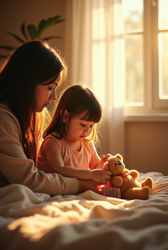No person bear family picture book For children inside the house inside the houseにいるbear family An illustration bed window window際 bear cub bear's mother evening
