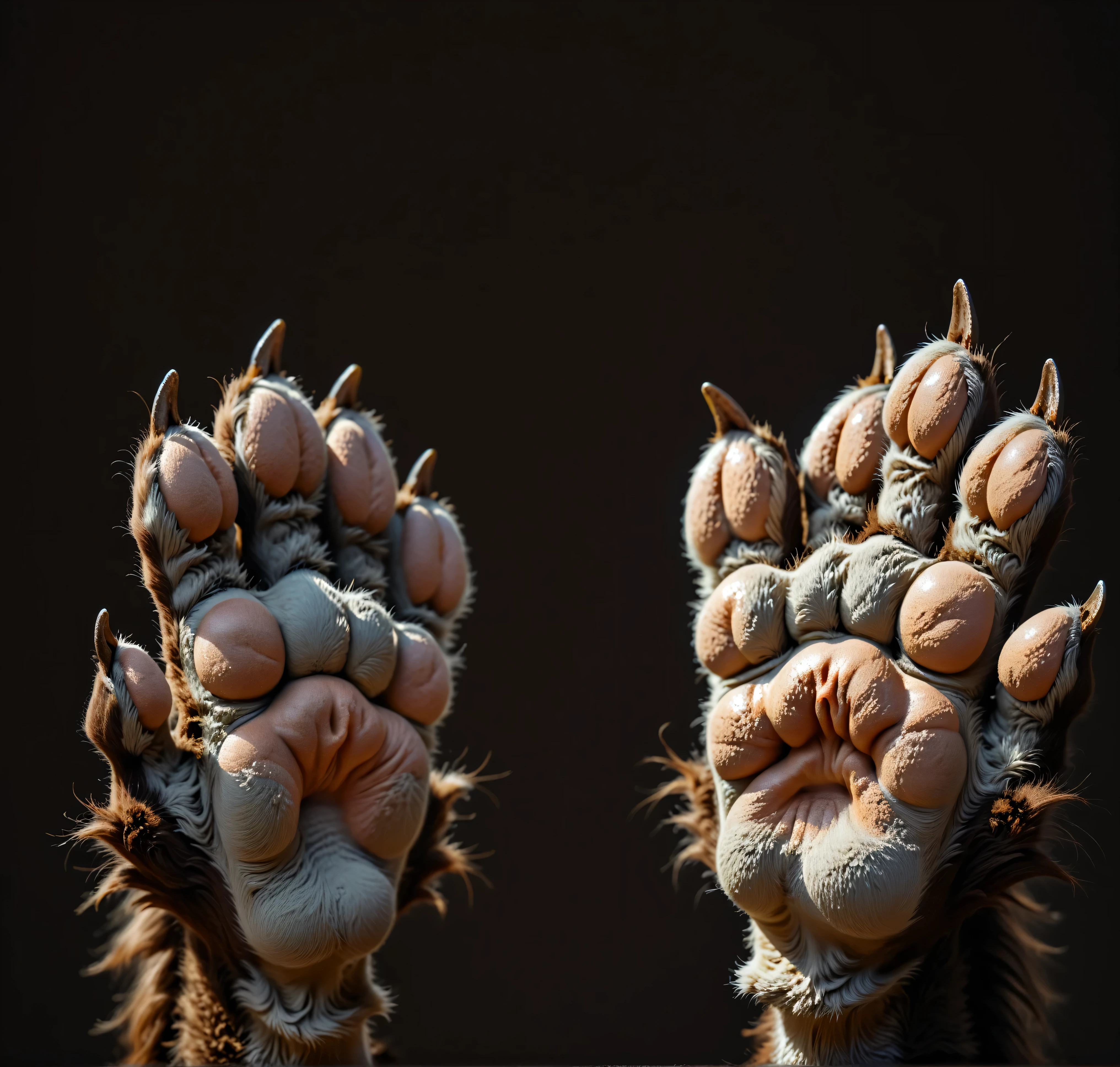 detailed grey Pawpads:1.3, pads, forefeet:1.4, tight, werewolf paws, animal thumbs, wolf paws:1.1, brown fur, short thick toes, detailed fur, fluffy, long dark grey claws, extra detailed, extreme details, deep details, masterpiece, realistic, simple black background