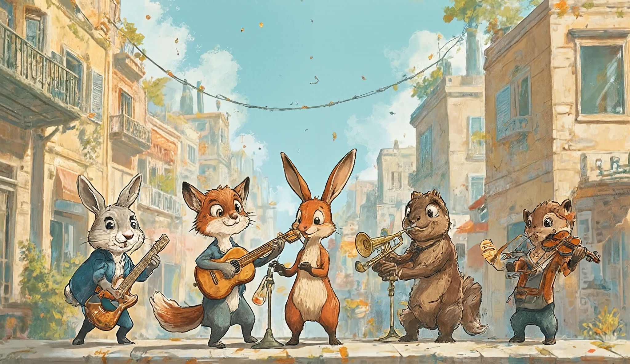 5 cute animals, music band of jazz, they have a fantastic journey, big city background, one group of five-member\A B C D and E\, (\A is\ a cute rabbit vocal:1.3,\with B is\ a cool fox guitarist:1.0,\with C is\ a gentle beaver Clarinetist:1.3,\with D is\ a fancy Trumpet player:1.3,and\ E is\ a sexy Violinist:1.3), BREAK dramatic journey direction, Inspired by the Bremen Town Musicians, very pleasant story, furry, detail-up fur, vivid color, pop and classic, staring to you, high-class fur, soft vibe atmosphere, kemono style, masterpiece, best quality, hi-res, ultra-retina,