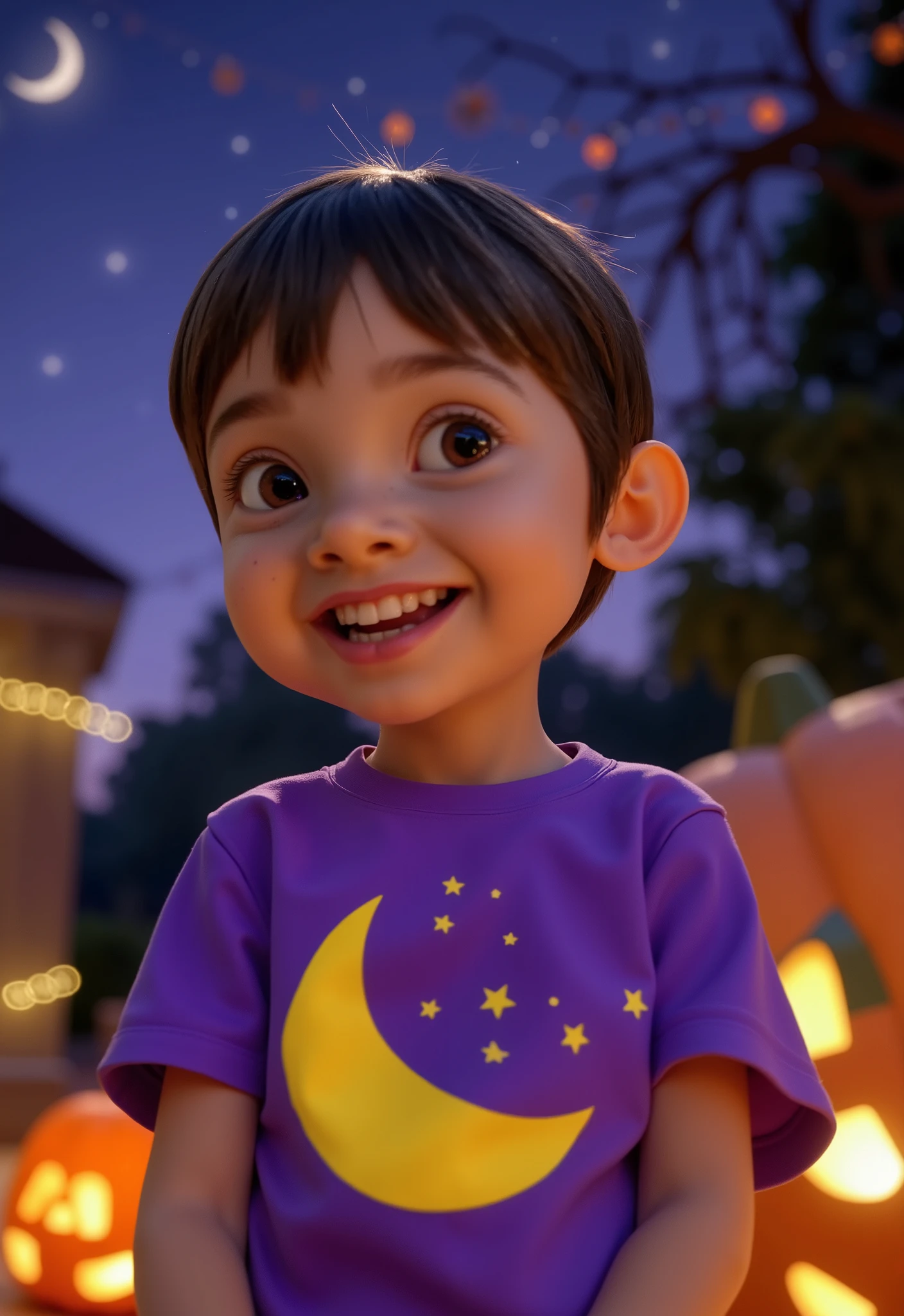 Disney pixar style. illustration of A young boy, , wearing a purple t-shirt with a yellow half moon graphic design, on halloween night.