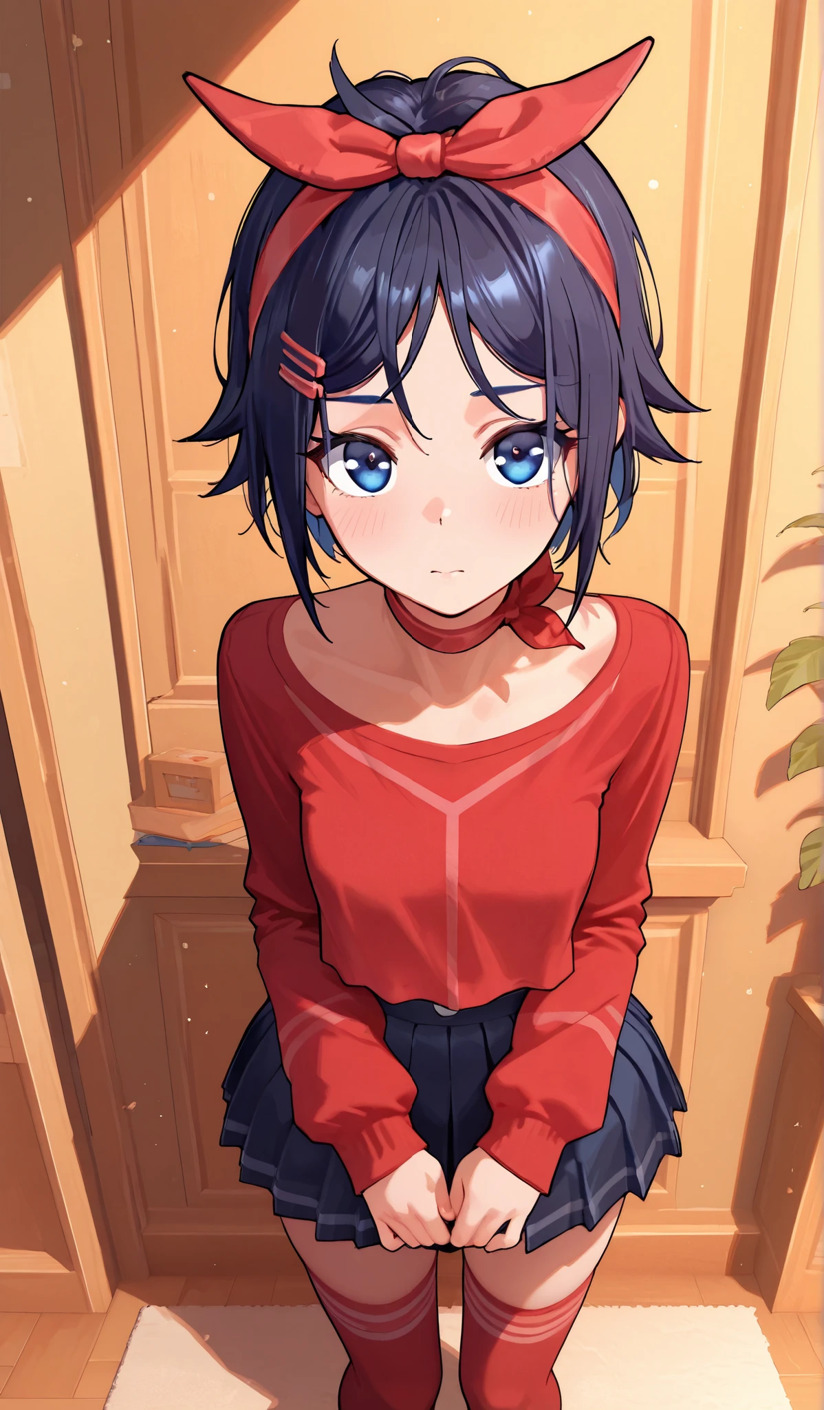 score_9, score_8_up , score_7_up , score_6_up , very perfect, 1, score_9, ShortHairMita, 1girl, short hair, hair bow, red shirt, pleated skirt, thighhighs, best,skirt, red stockings, blue eyes, masterpiece, best quality, 8k, high resolution, aesthetically pleasing, dark hair,