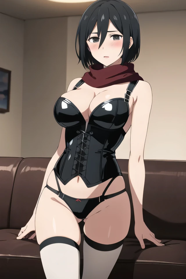 mikasa Ackerman,Eren EaGer,Big Breasts,Red scarf,Black Swimsuit,Blushing,The two of them are sitting on chairs together,Both of them look confused,