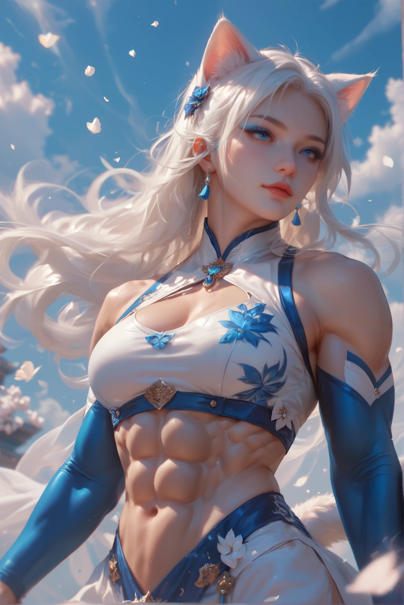 woman with cat ears, (muscular_body:1.0), long white hair, blue eyes, abs, cat tail, perfect face, best qualities, blue eyeliner, white fighter outfit, white petal, white butterfly