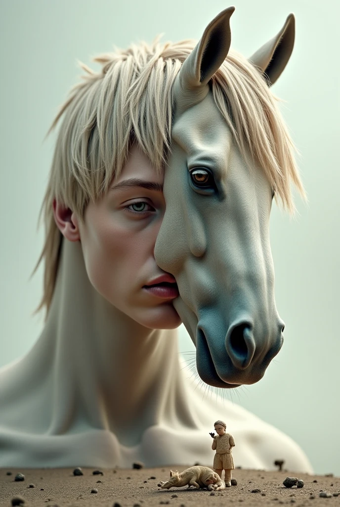 A super skinny white human horse with big messy hair kissing a normal black horse