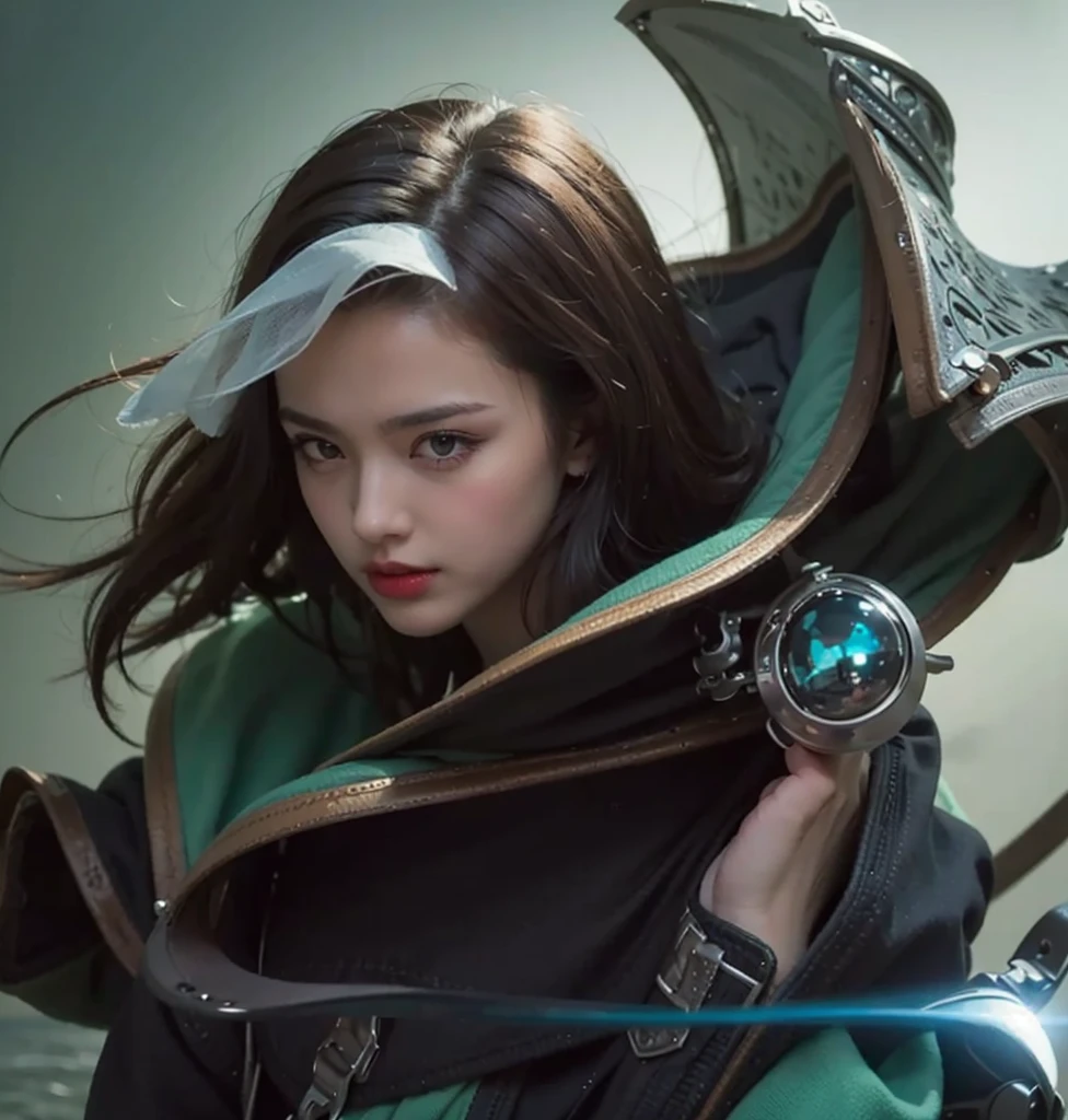 (best quality,highres,masterpiece:1.2),ultra-detailed,(realistic,photorealistic,photo-realistic:1.37),portrait,woman,holding katana,green light in hand,closed eyes,black hair,beautiful face,gorgeous face,black and white hair[monochrome],sharp focus,vivid colors