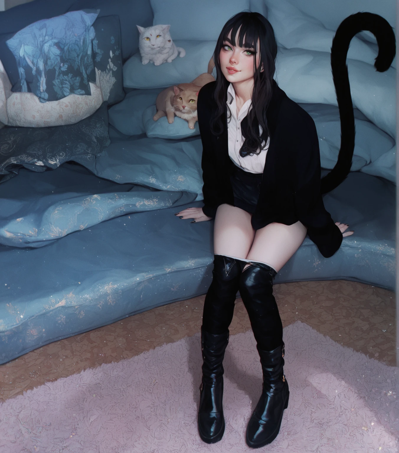 Loli witch with long straight black pupils,Wearing black dress,Holding white cat sitting on chair