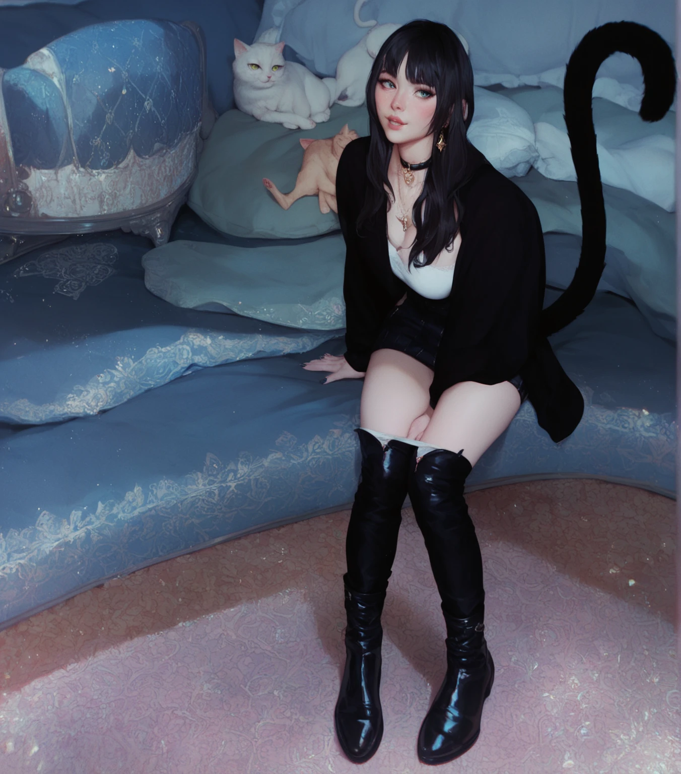 A cute girl Xiaorou SeeU, 20 years old, in an adorable sexy cat girl cosplay, acting surly and intimidating, she does not want to take a bath, bathroom with bubble bath in tub, beautiful detailed eyes, beautiful detailed lips, extremely detailed eyes and face, long eyelashes, photo-realistic, 8k, highly detailed, masterpiece, digital art, dark colors, moody lighting, dramatic shadows, intense expression, furrowed brow, pouty lips, cat-like features, fluffy cat ears, long tail, sharp claws, rebellious attitude, bathroom interior, tiled floor, bubble bath, ornate mirror, gold fixtures
