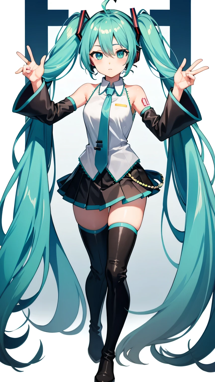{{{masterpiece}}}, (best quality:1.5), (ultra-detailed:1.5), {illustration}, {{an extremely delicate and beautiful}}, (beautiful detailed eyes:1.6), absurdres, highres, extremely detailed face, 16k, hd, visual anime de uma jovem mulher, extremamente bonito rosto de anime, anime melhor garota, (perfect hands, perfect anatomy), anime face, hatsunemiku(Vocaloid), miku hatsune, 1girl, solo, cute face, ahoge, aqua hair, crossed bangs, hair between eyes, hair ornament, headphones, very long hair, twintails, aqua eyes, (High resolution eyes, Beautiful eyes, Light in the eyes), medium breasts, big hips, curvaceous, BREAK, (shiny clothes:1.2), sleeveless shirt, collared shirt, grey shirt, tuck out shirt, black sleeves, detached sleeves, aqua necktie, tie clip, black skirt, mini skirt, pleated skirt, black footwear, (thigh boots:1.2), thighs, zettai ryouiki,