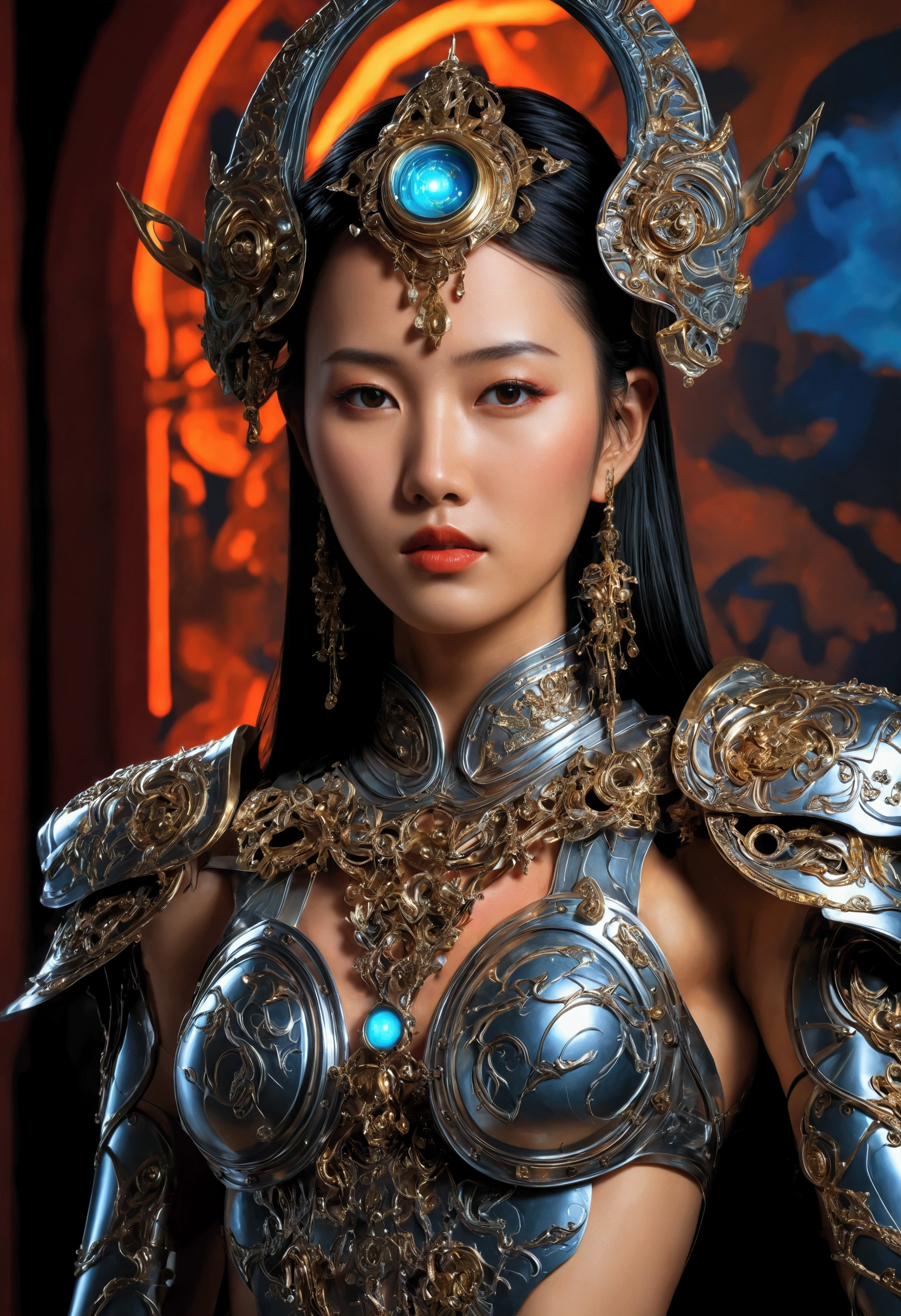 ((Airbrush art style painting)) of perfect Asian cyberpunk girl))), ((slender figure)), (((wearing incredibly detailed ornate baroque cyberpunk armour))), ((LED lights)), (shapeless long hair), perfect features, ((((full figure) dynamic pose))), (((starship interior))), (((Jim Burns art style))), abstract beauty, near perfection, pure form, concept art, intricate detail, 8k post-production, High resolution, super Detail, art station Trends, sharp focus, studio photos, intricate detail, Very detailed.
