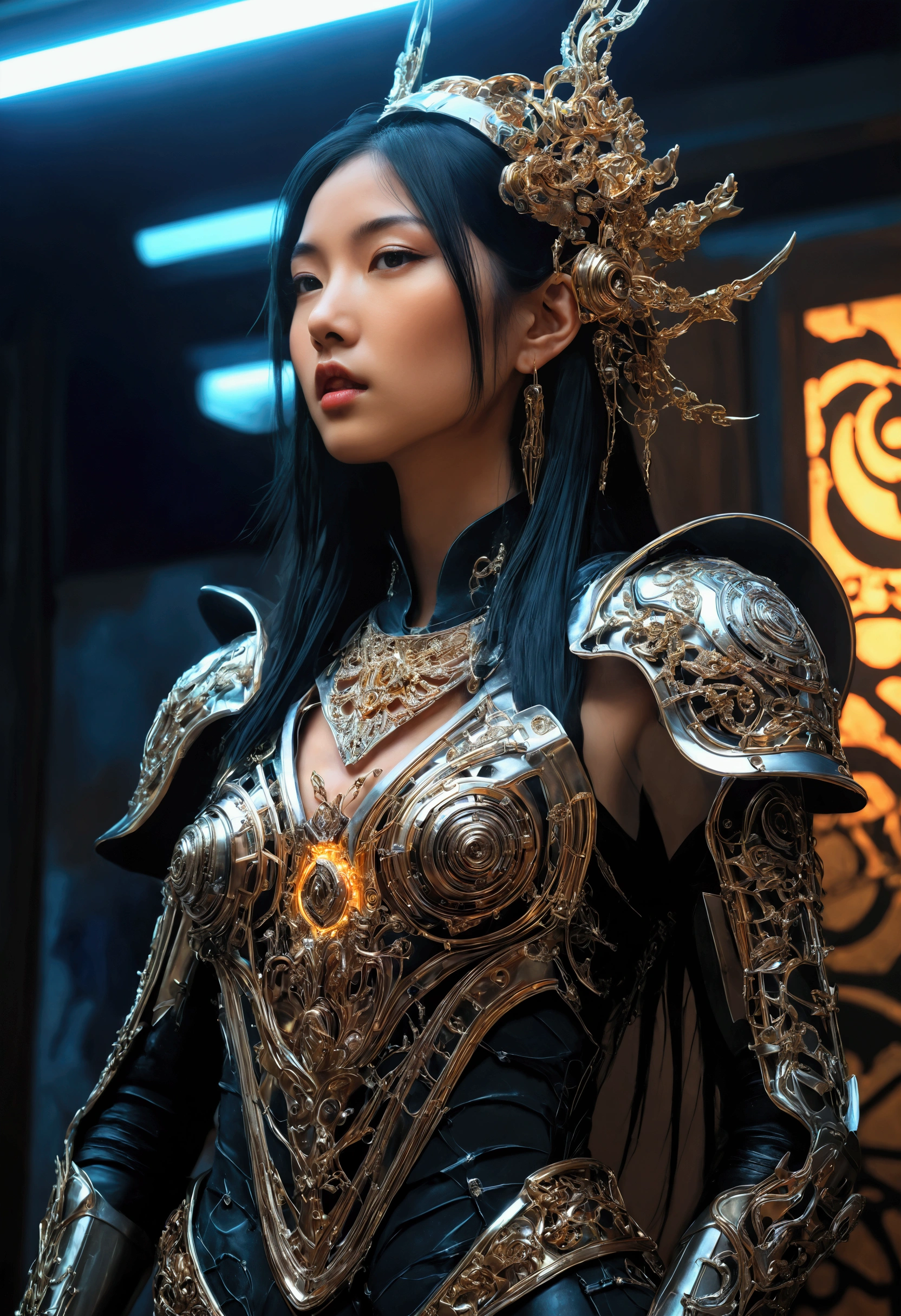((Airbrush art style painting)) of perfect Asian cyberpunk girl))), ((slender figure)), (((wearing incredibly detailed ornate baroque cyberpunk armour))), ((LED lights)), (shapeless long hair), perfect features, ((((full figure) dynamic pose))), (((starship interior))), (((Jim Burns art style))), abstract beauty, near perfection, pure form, concept art, intricate detail, 8k post-production, High resolution, super Detail, art station Trends, sharp focus, studio photos, intricate detail, Very detailed.